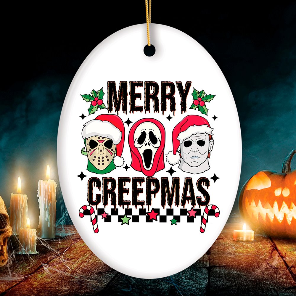 Merry Creepmas Horror Villain Theme Christmas Ornament, Creepy and Spooky Holiday Decor for Xmas Tree