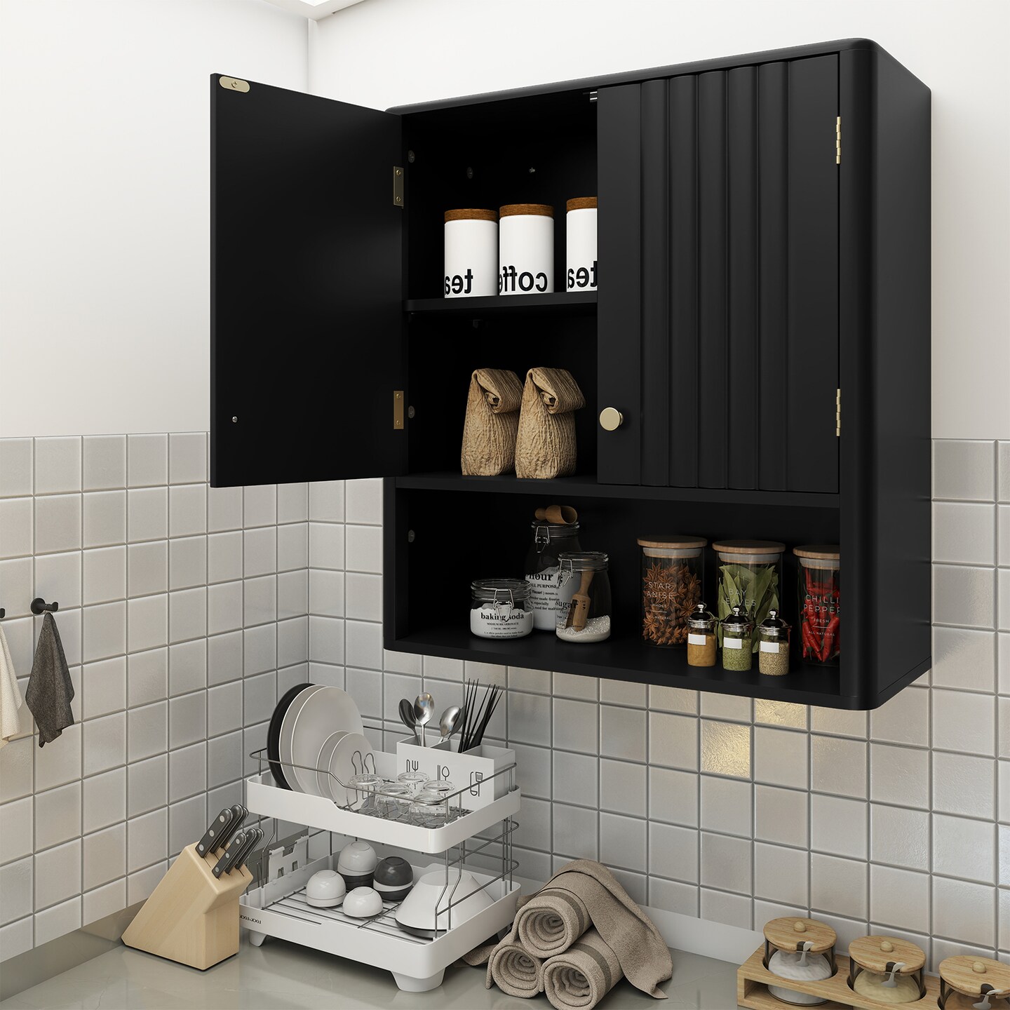 Bathroom Wall Cabinet with Fluted Doors and Gold Handles 2-Door Storage with Adjustable Shelf