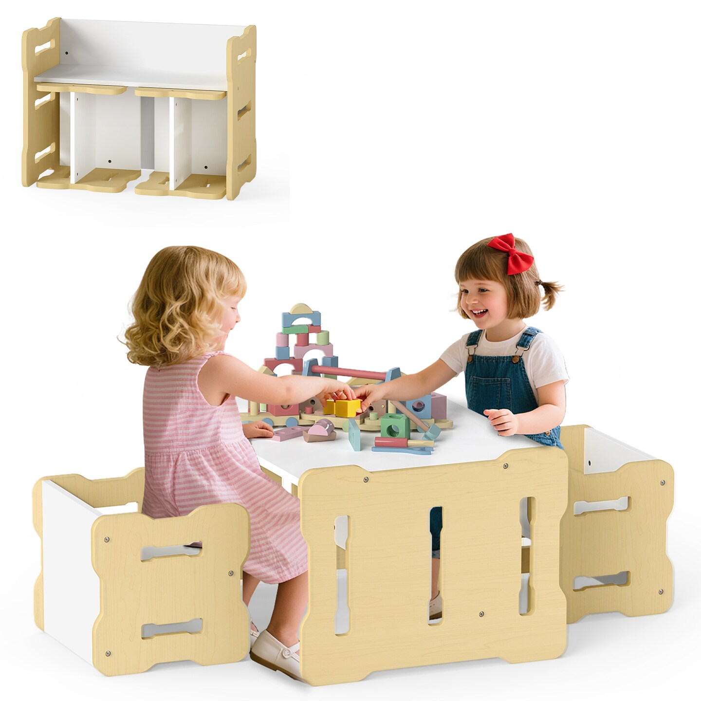 Natural MDF Kids Table and Chair Set 3 Piece Activity Desk with Stools for Homework Drawing