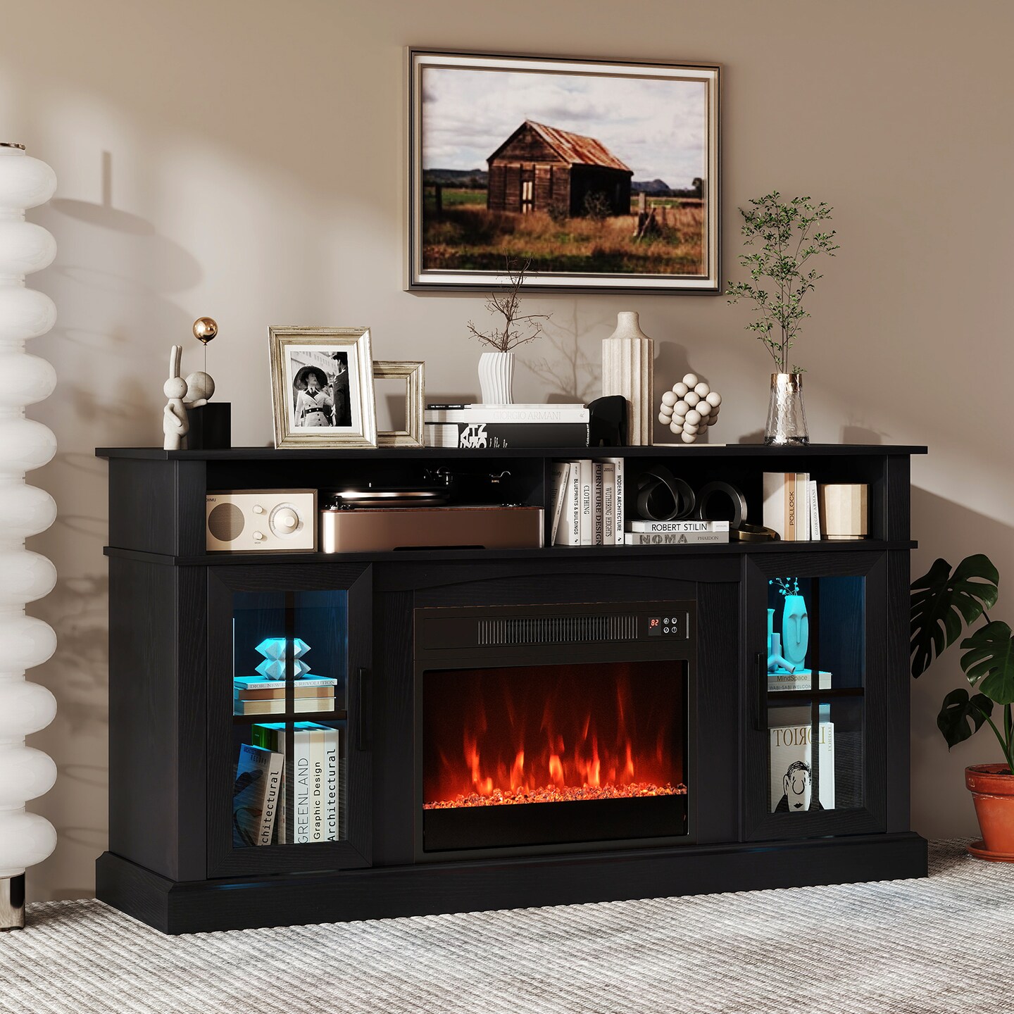 58" Black TV Stand with Electric Fireplace Smart LED Lights Adjustable Shelves and Storage Cabinet