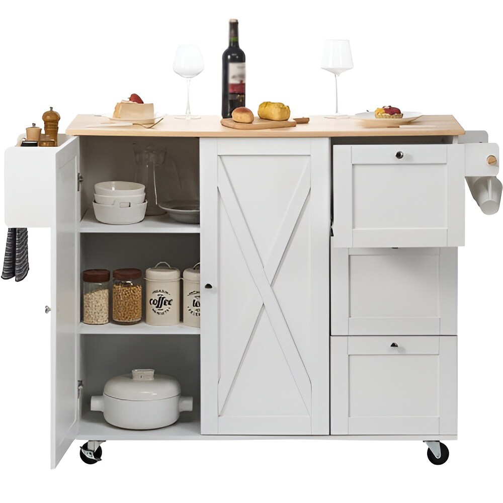White Solid Wood and MDF Kitchen Island with Drop Leaf and Lockable Wheels