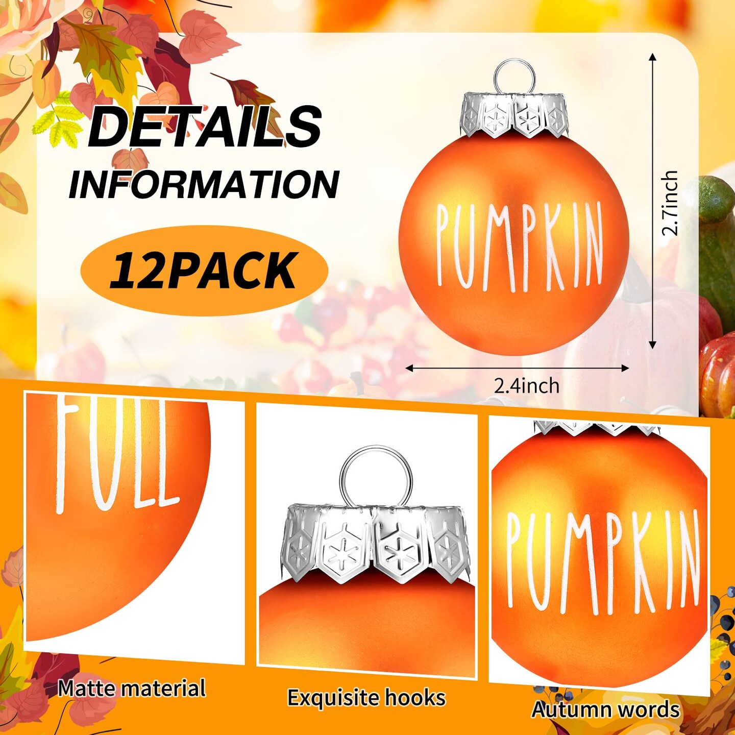 12 Pcs Thanksgiving Ball Ornaments for Tree 2.36 Inch Fall Thanksgiving Tree Decorations Orange Plastic Ball Hanging for Autumn Holiday Harvest Home Decor (White,Orange,Brown)