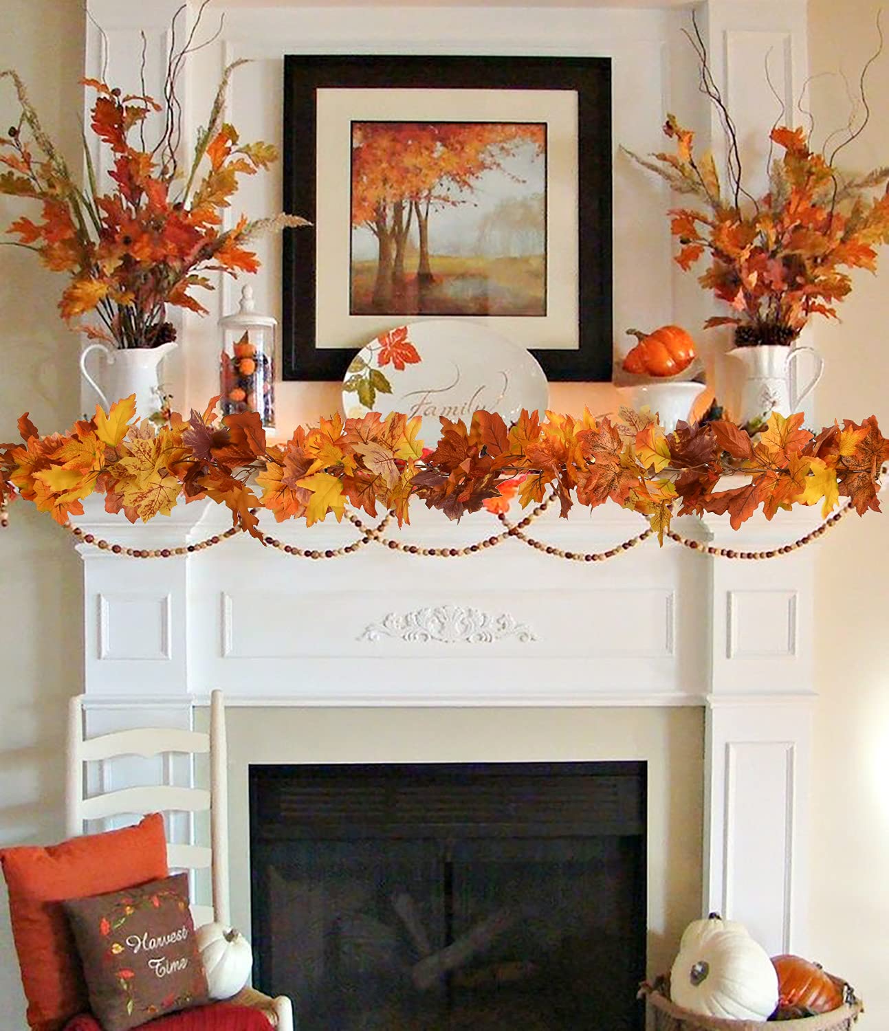DearHouse 2 Pack Fall Maple Leaf Garland - 5.9Ft/Piece Hanging Vine Artificial Autumn Foliage for Thanksgiving, Home, Wedding, Fireplace, Party, Christmas Decor (Light Orange)