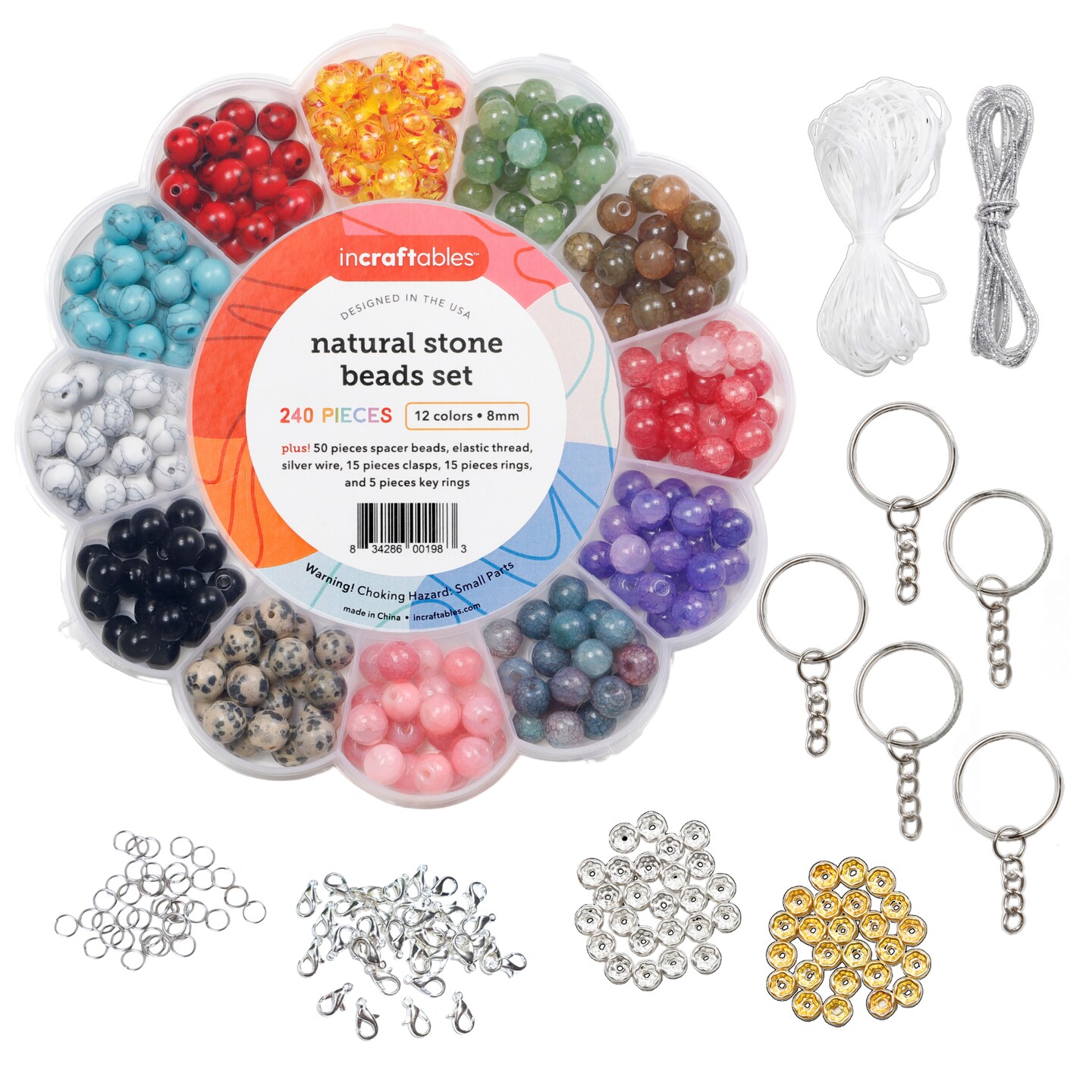 Incraftables Natural Stone Beads 12 Colors 240pcs Set for DIY Jewelry, Necklace & Bracelet Making. Assorted Real Crystal Chakra Bead Kit with Spacer Beads, Elastic String & Organizer for Adults & Kids