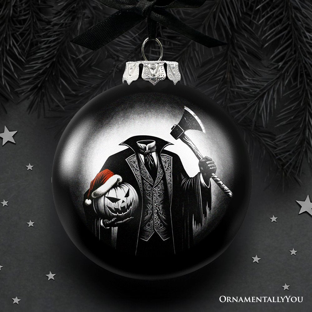 Headless Horseman Spooky Portrait Glass Christmas Ornament, Black Horror Halloween Tree Decoration