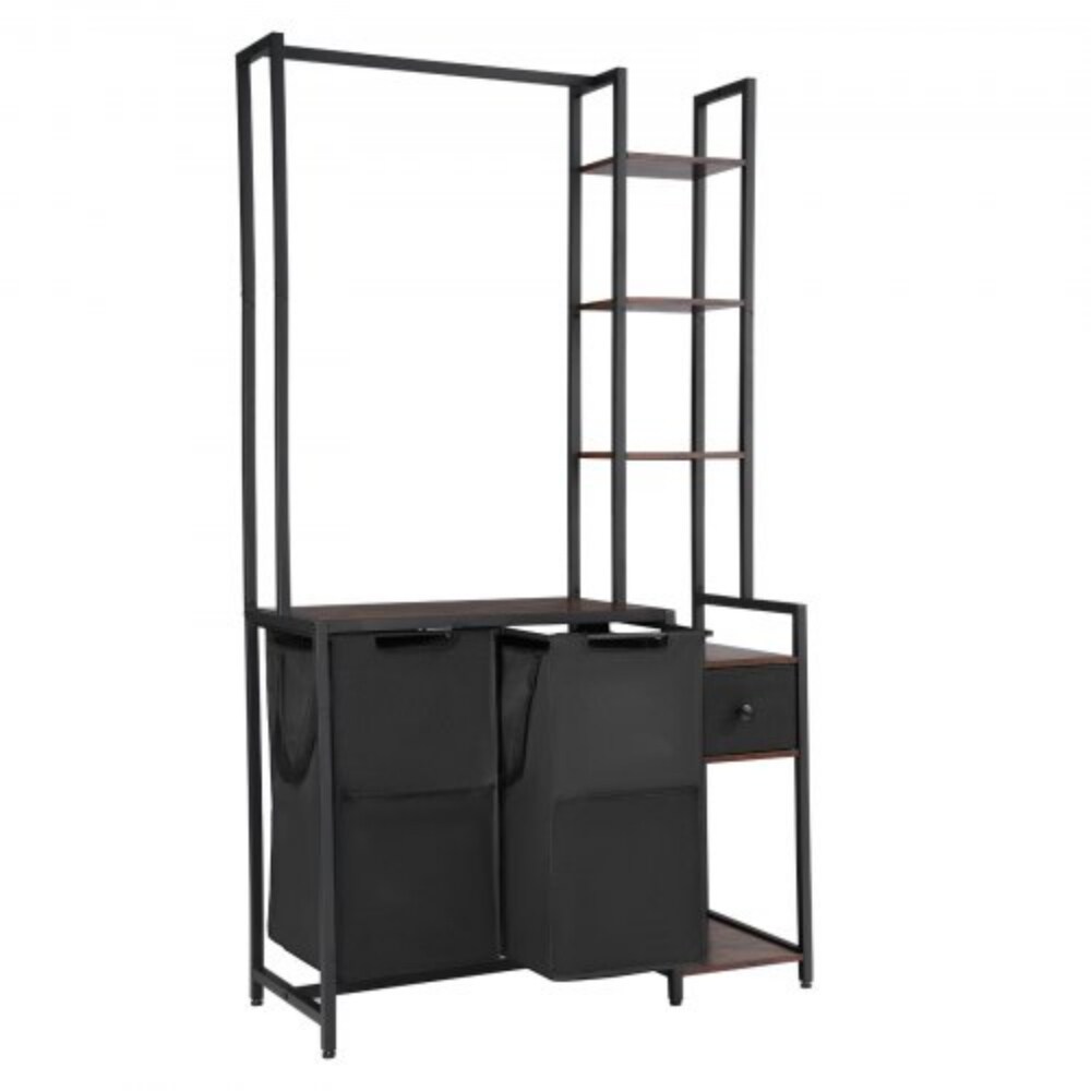 Black Metal Laundry Hamper Sorter with 2 Bags, Shelves and Top Table
