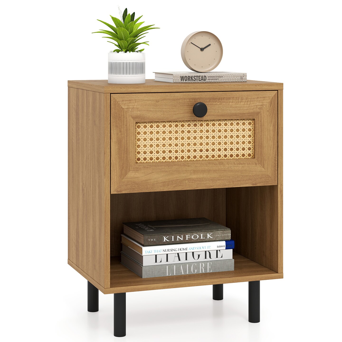 Boho Nightstand Rattan Bedside Table with Drawer and Shelf for Bedroom Living Room