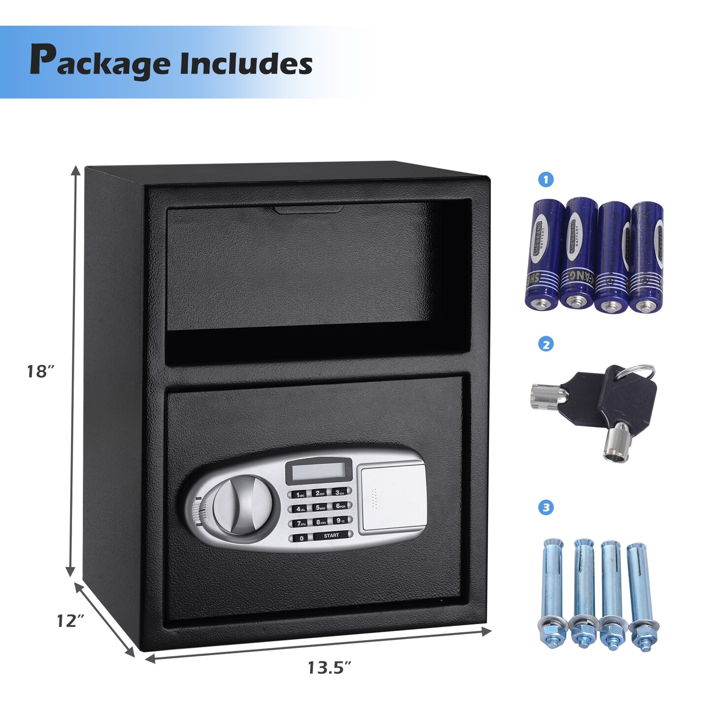 Black Steel Digital Drop Slot Safe with Override Key and Large Storage