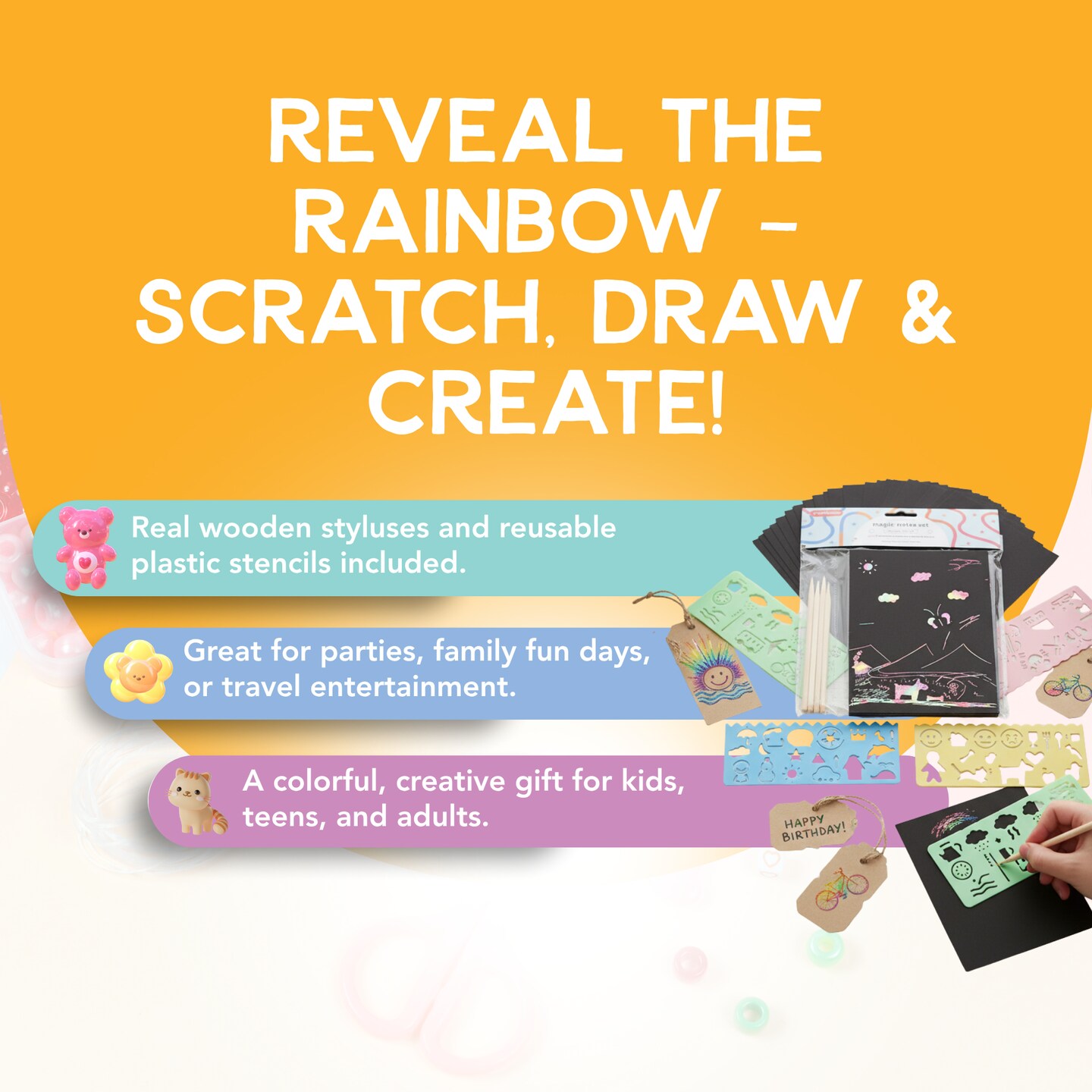 Incraftables Rainbow Scratch Paper Set. Magic Notes Kit with 30pcs Scratch Art Paper, 5pcs Wooden Stylus &#x26; 4pcs Drawing Stencils. Black Scratch Off Paper for Kids. Best Scratch Pad for Drawing &#x26; Craft