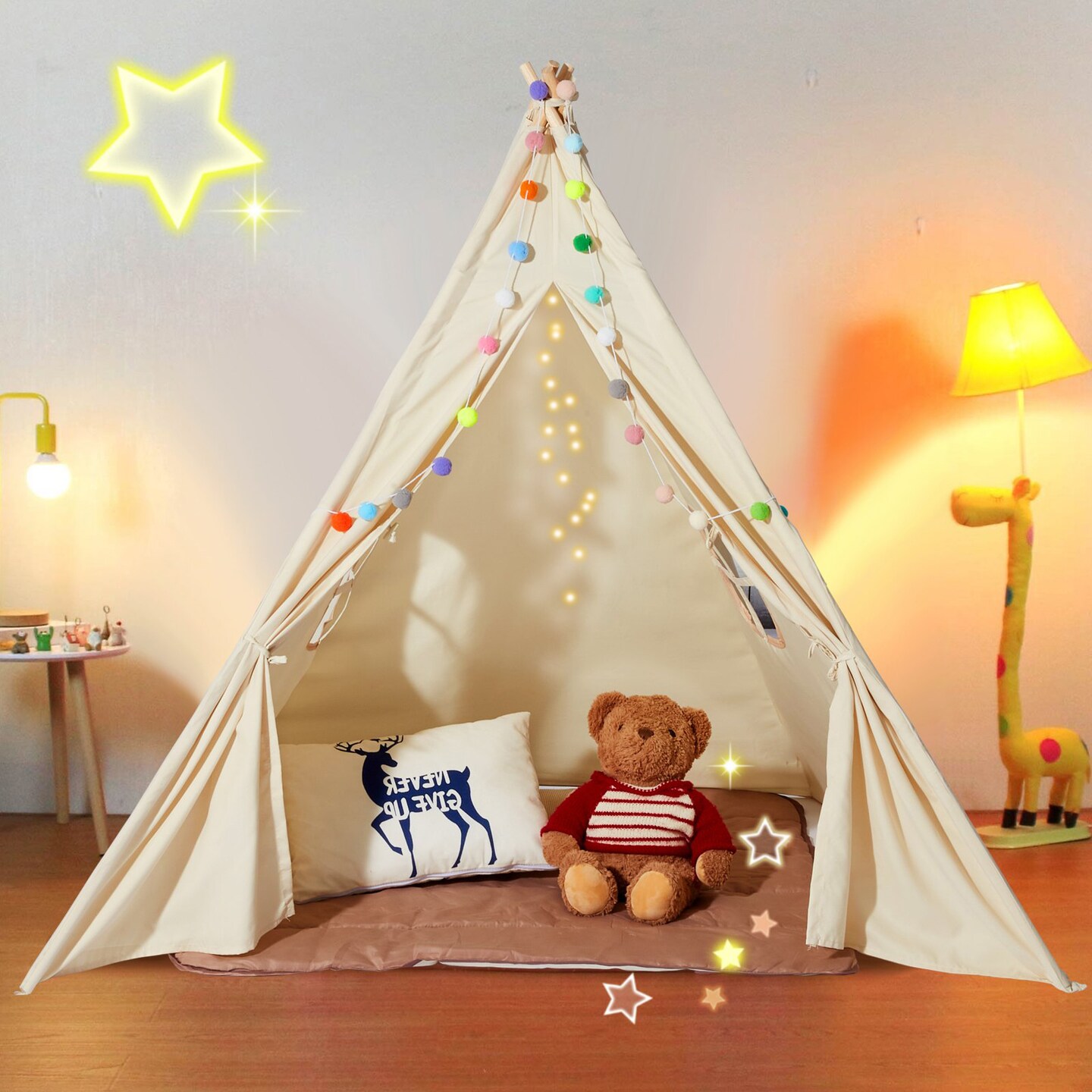 Kids Teepee Tent, Indoor Outdoor Play Tent with Mat and Plush Balls