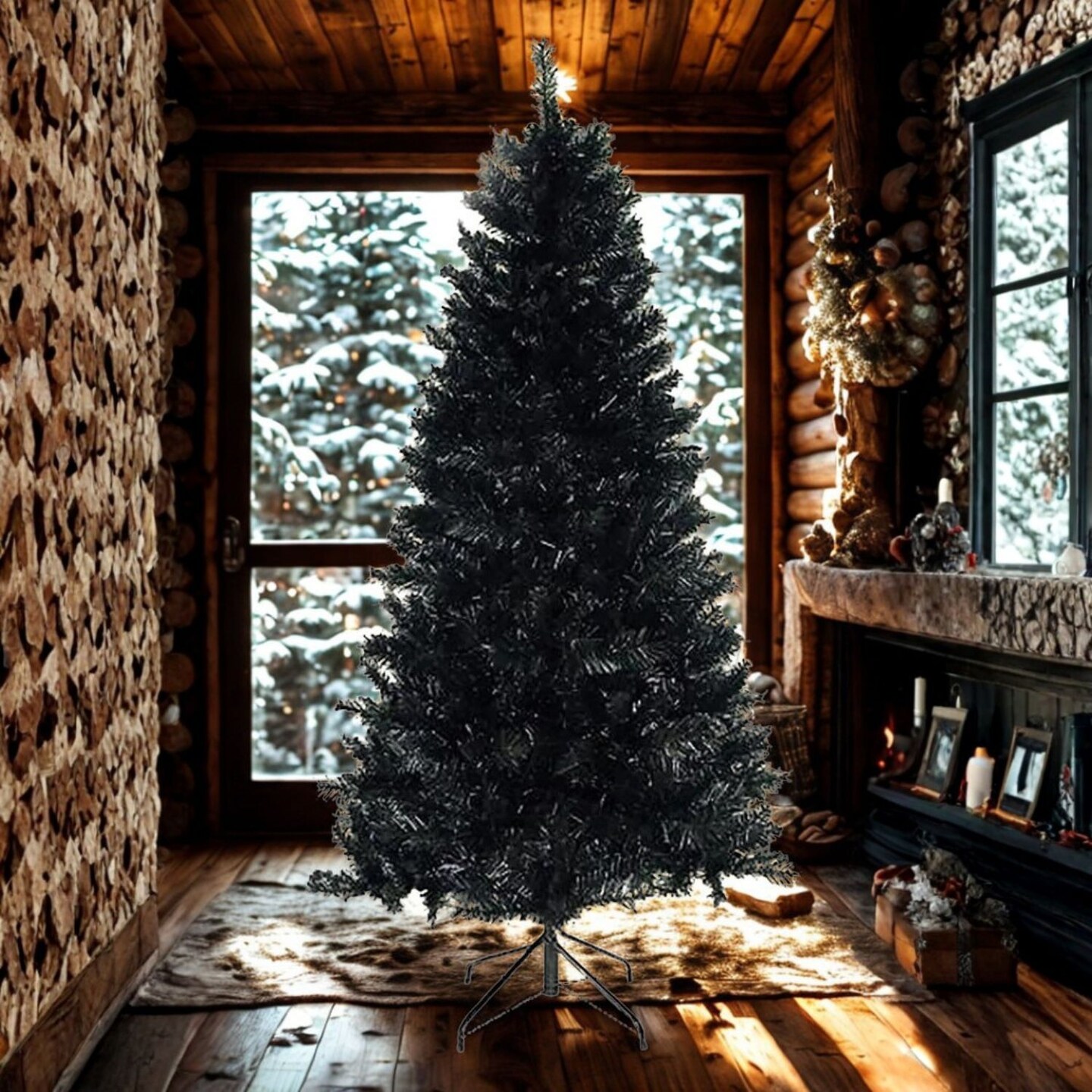 4 Ft Black Canadian Pine Christmas Tree with Hinged Branches and Metal Stand