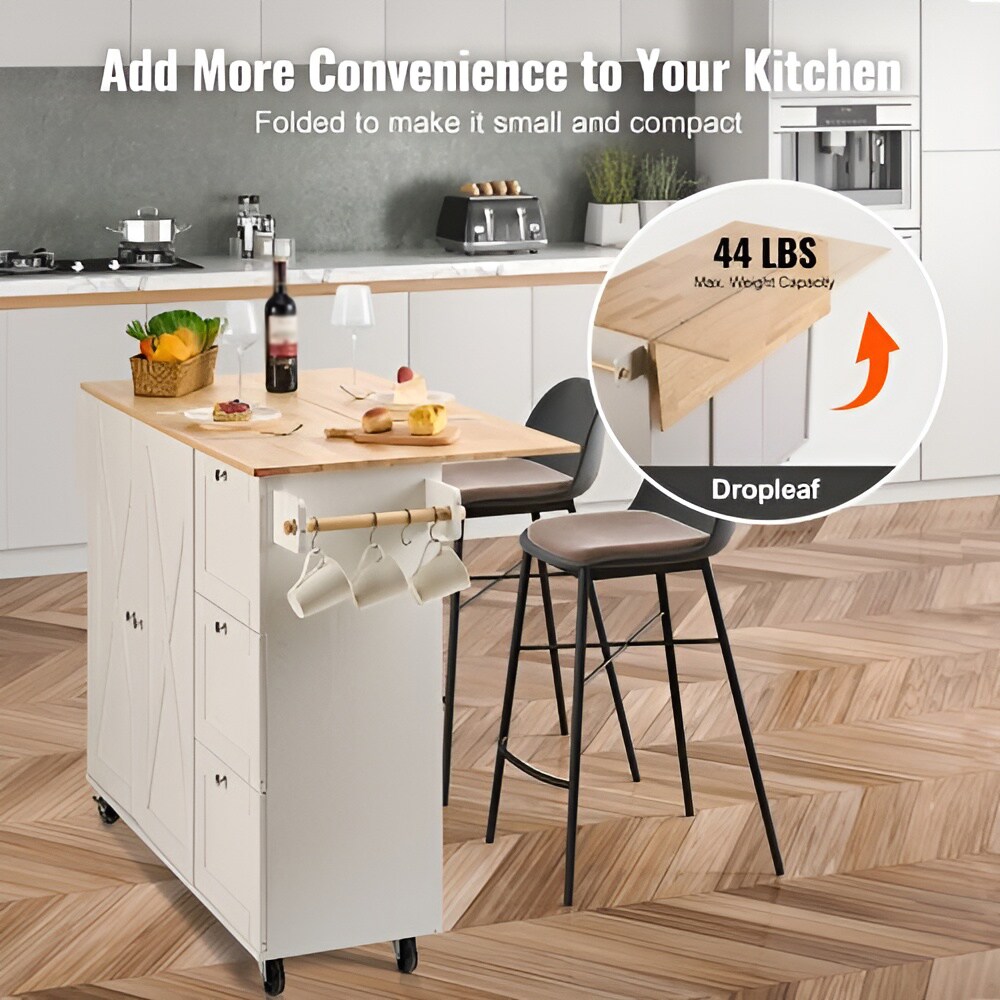 White Solid Wood and MDF Kitchen Island with Drop Leaf and Lockable Wheels