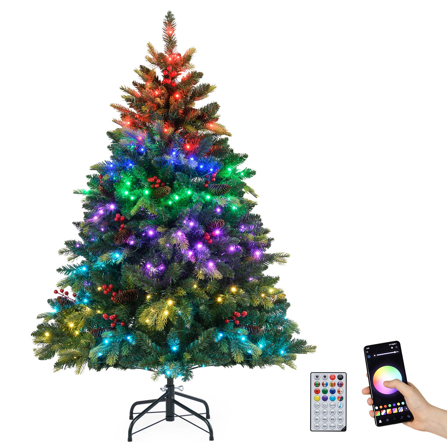 Green RGB Pre-Lit PVC PE Christmas Tree with Pine Cones and App Control