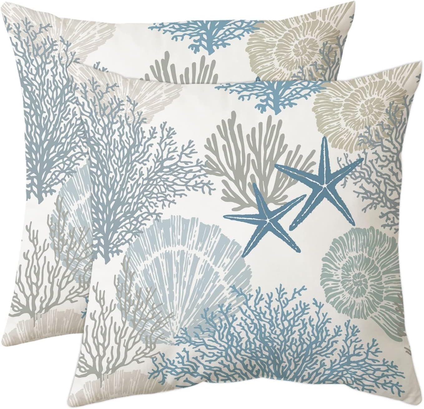 Set of 2 Coastal Nautical Throw Pillow Covers 18x18 Inch, Blue Ocean Seashell Coral and Starfish Velvet Decorative Cushion Covers for Couch, Sofa, Bedroom, Living Room, Patio & Beach House Decor