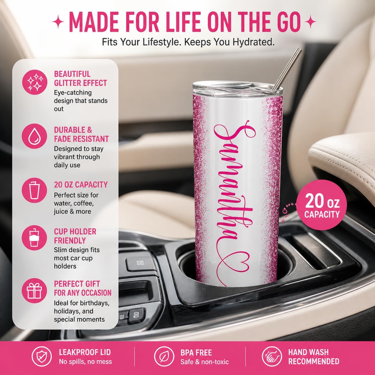 Personalized 20oz Stainless Steel Tumbler with Lid & Straw – Pink