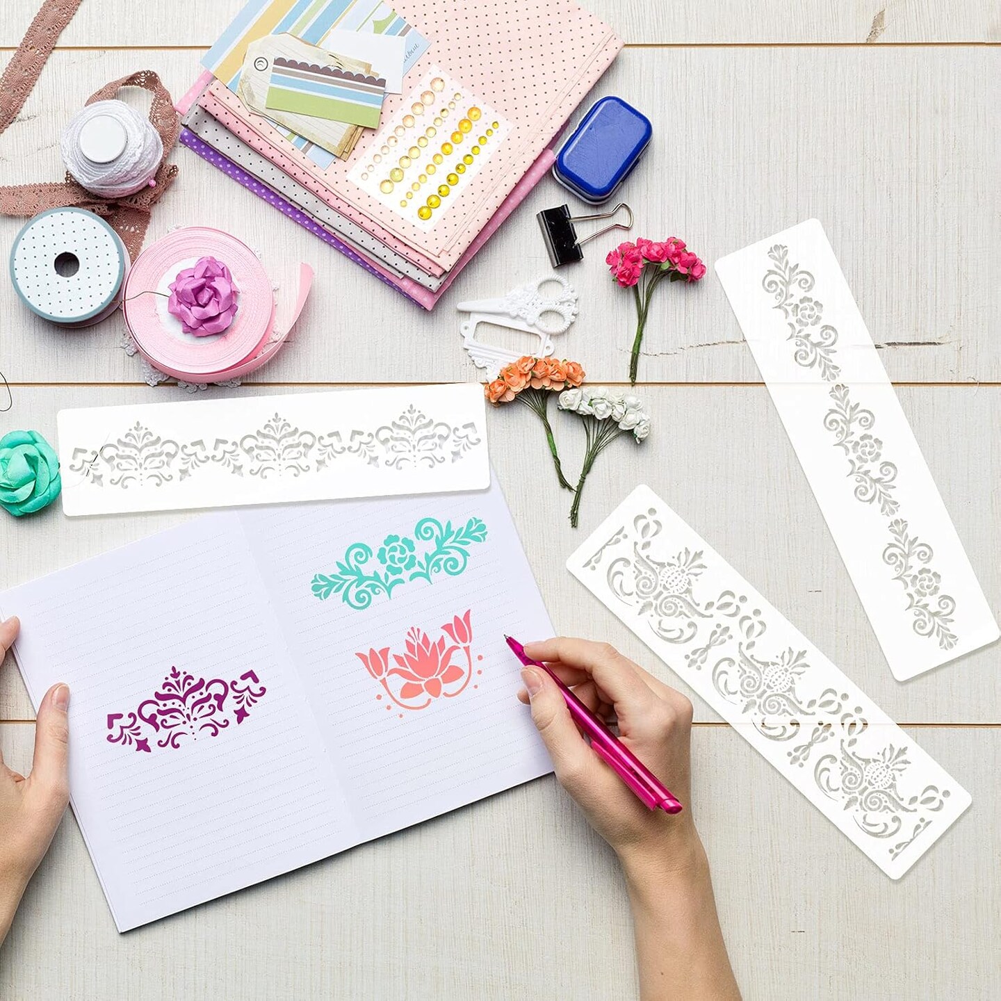 8PCS Talavera Floral Border Stencils Set – Reusable 3×12 Inch Decorative Painting Templates for Wall Edges, Furniture, Canvas, Fabric, Cake & DIY Craft Design