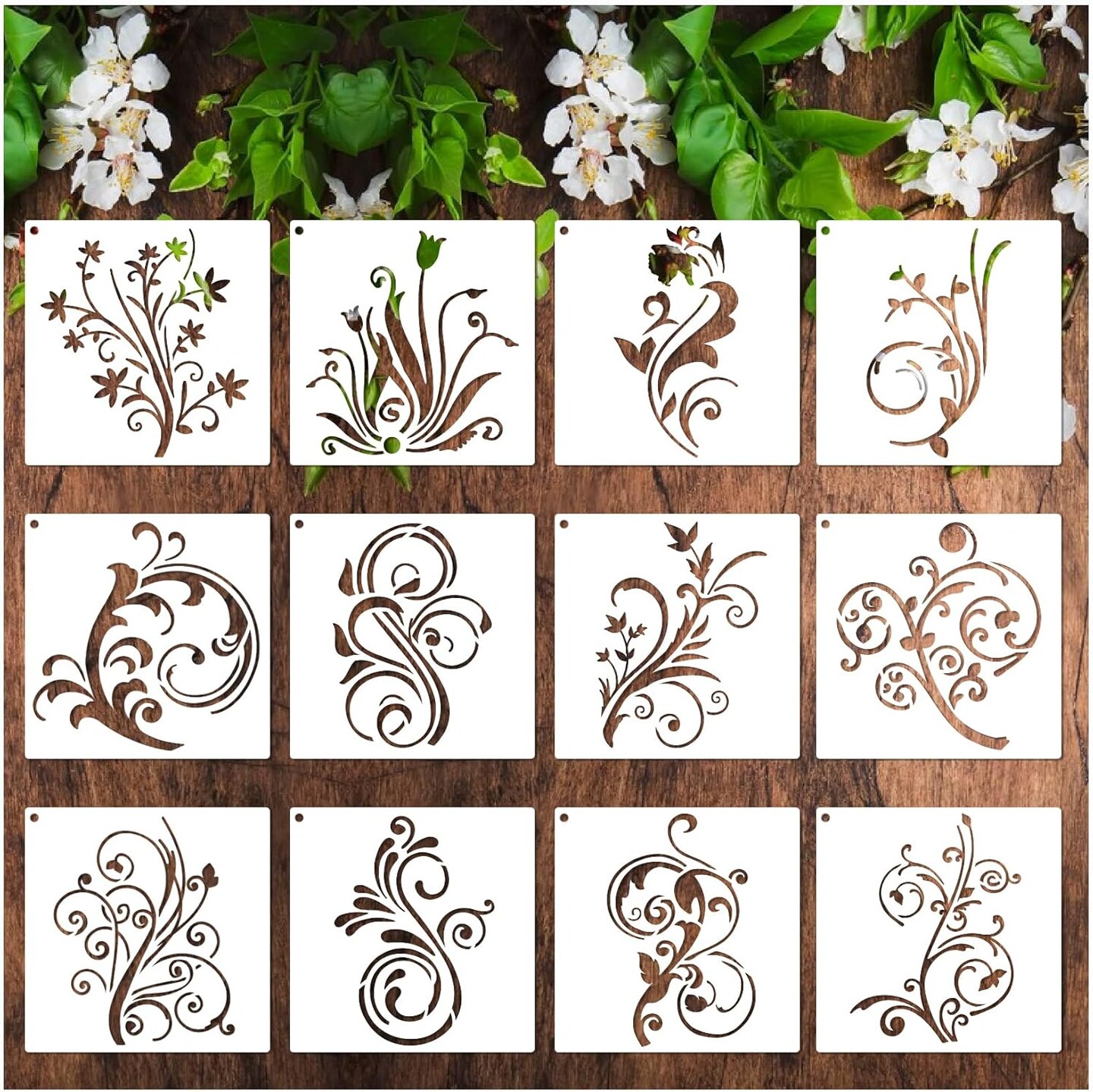 12PCS Floral Swirl Stencils Set – Reusable PET Flower Flourish Templates for Painting on Wood, Furniture, Walls, Canvas & DIY Craft Projects