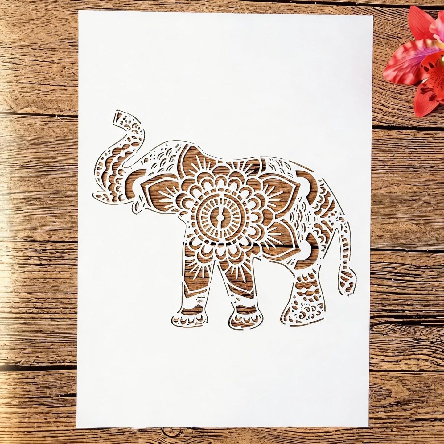 A4 Reusable Elephant Nose-Up Painting Stencil – Mandala Layering Template for DIY Wall Art, Wood Crafts, Scrapbooking & Home Decor (8.3 x 11.7 in)
