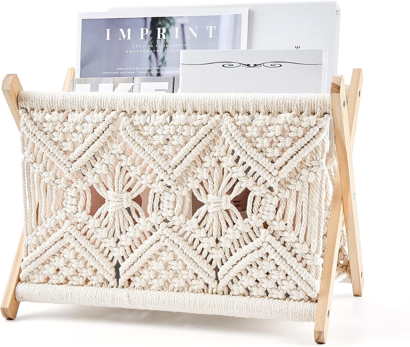 Macrame Magazine Rack Boho Storage Holder Standing Basket | Medium Size, 14&#x201D;L x 10&#x201D;W