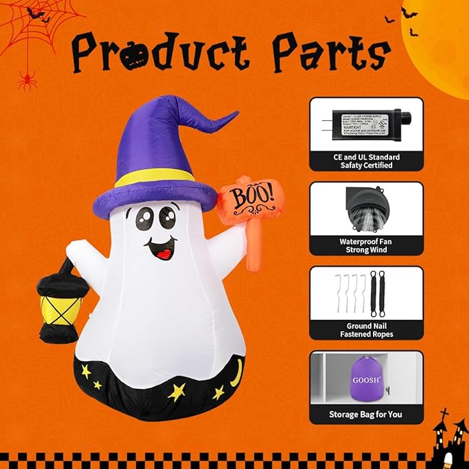 GOOSH 5 FT Halloween Inflatables Cute Wizard Ghost with Hand-Held Light and Built-in LEDs