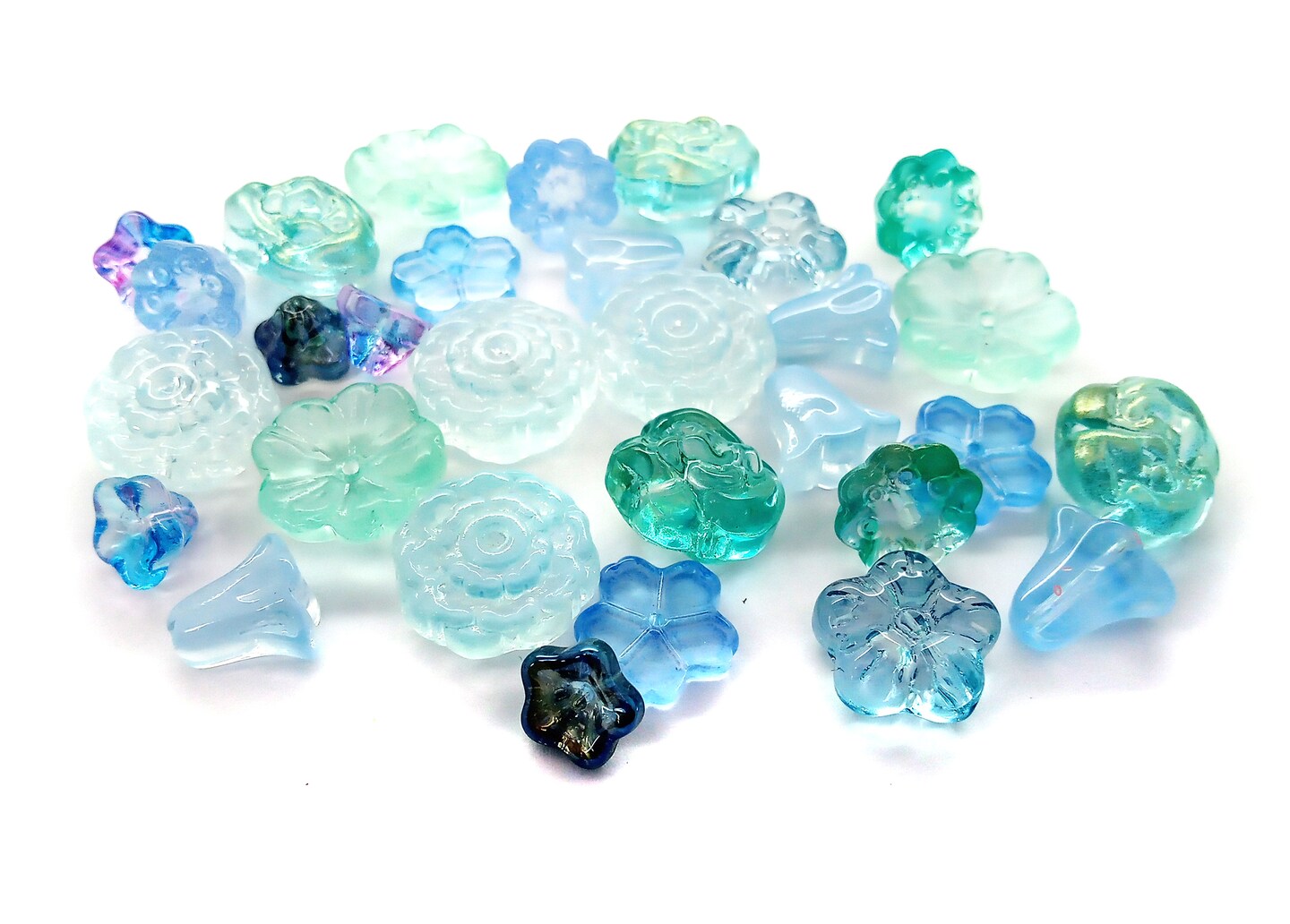Glass Flower Beads, 30 pcs, Small Blue &#x26; Green Mix, Assorted Styles, 8mm to 15mm, Adorabilities