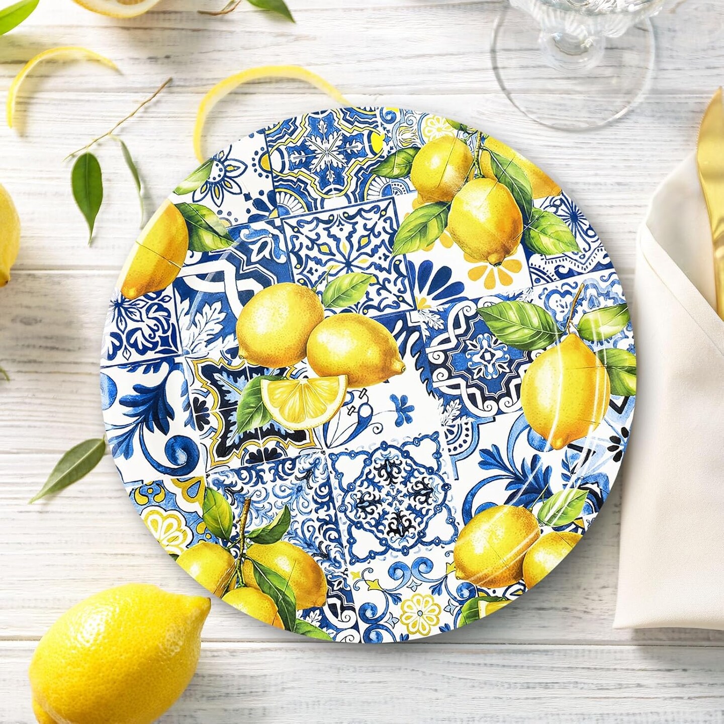 Summer Plates Tiles Lemon Disposable Paper Plates Yellow Blue Dinner Plates 9 Inch (Yellow)