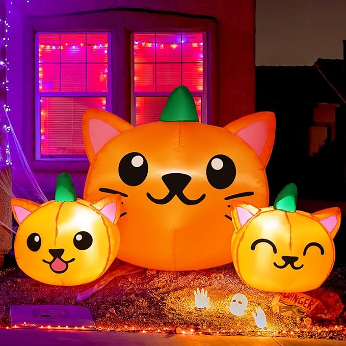 GOOSH 5FT Halloween Inflatable Long Three Pumpkin Cat Head Combo with Built-in LEDs
