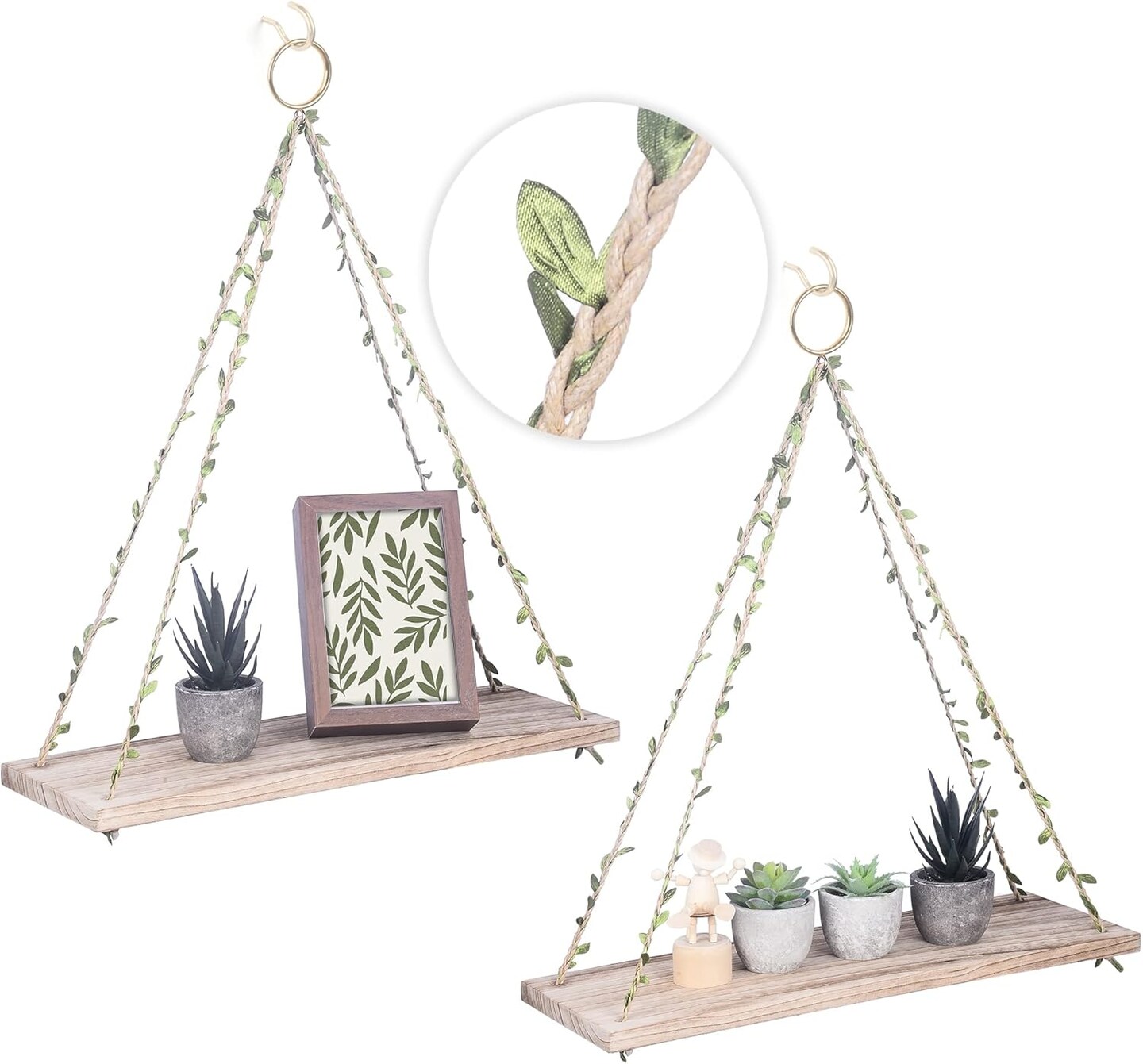 Hanging Shelves for Indoor Wall and Window - Floating Wall Shelves (Leaf Rope, Light Color,Large*2)