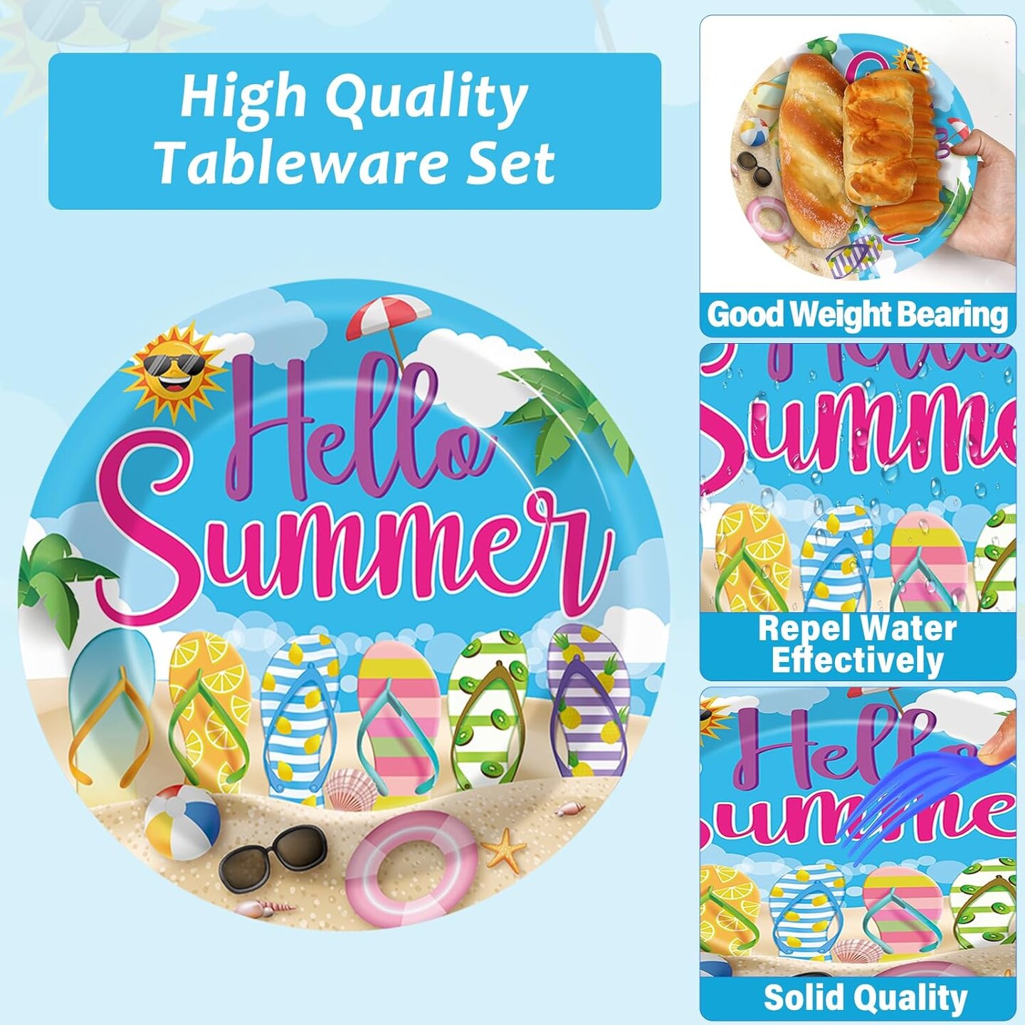 96Pcs Hello Summer Plates and Napkins Beach Party Decorations
