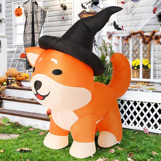 GOOSH 4 FT Halloween Inflatables Wizard Shiba Inu Dog with Built-in LEDs