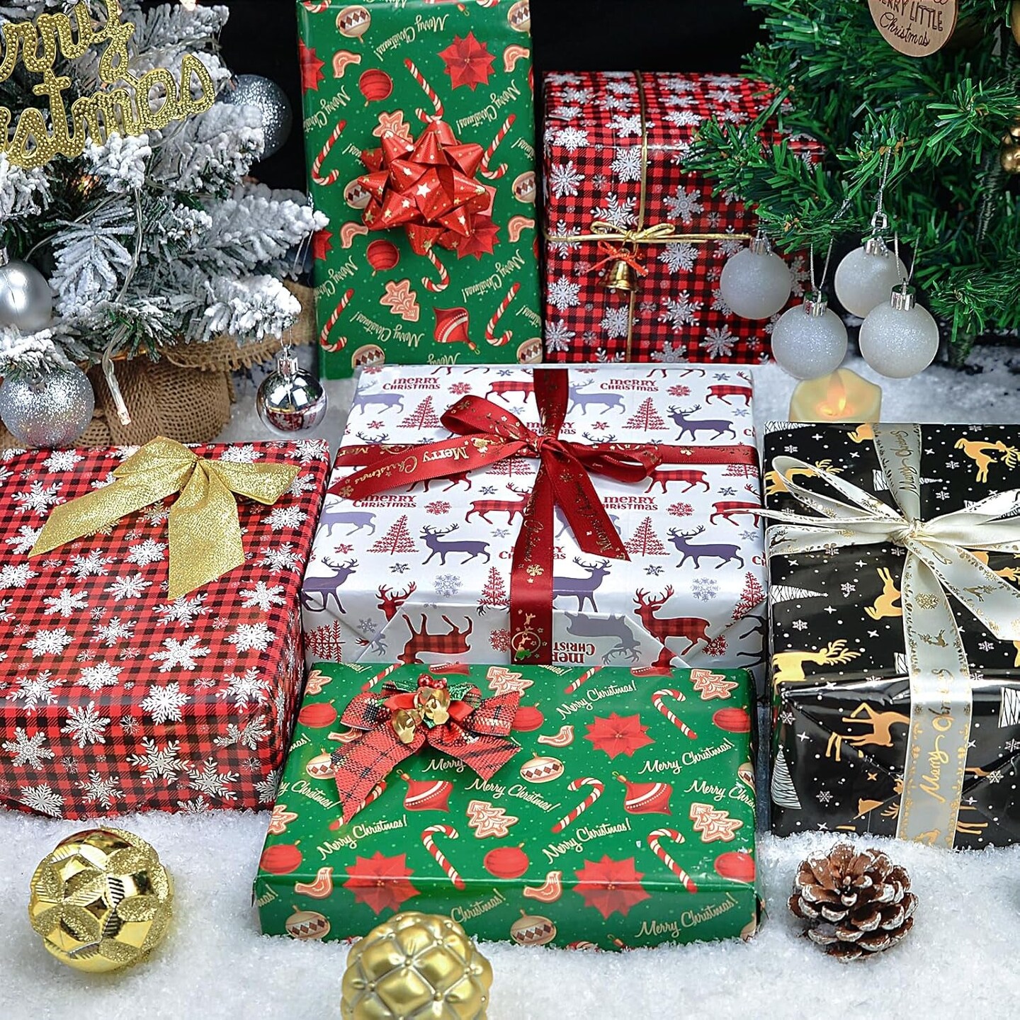 Christmas Wrapping Paper for Women Men Boys Girls,12Pcs Xmas Gift Wrapping Paper with Reindeer, Christmas Tree, Snowflakes, &#x22;Merry Christmas&#x22; Words, Candy Canes, Bells, Holiday Gift Wrap 20&#xD7;29 Inch