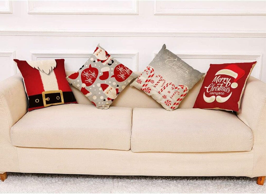 4PCS 18&#x22;X18&#x22; Throw Pillow Covers Christmas Decorative Couch Pillow Cases Cotton Linen Pillow Square Cushion Cover for Sofa, Couch, Bed and Car (Christmas-F)