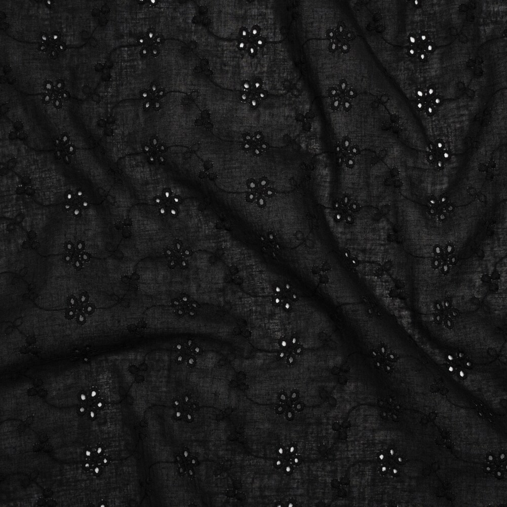 1 Yard Embroidered Eyelet Cotton Voile Black Wavy Daisy Vines Fabric 54 inch Width