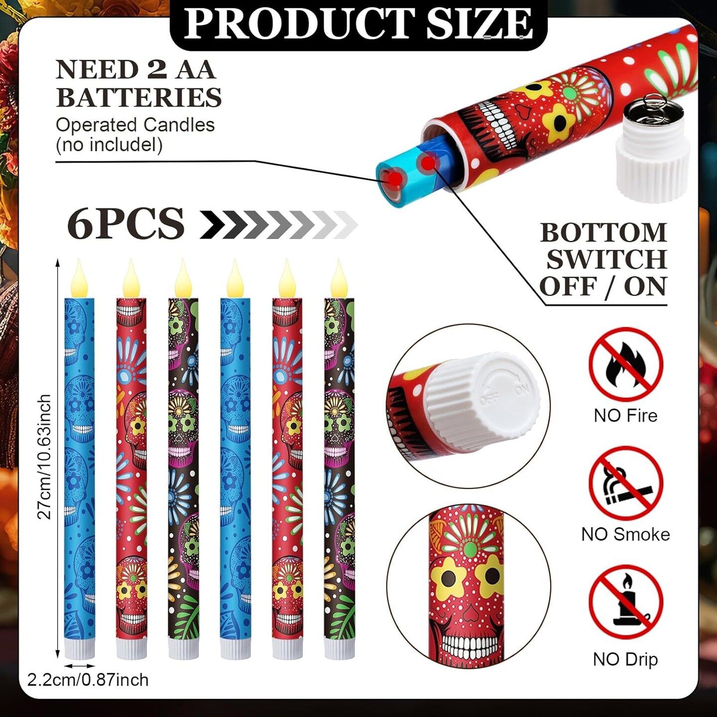 6 Pcs Day of The Dead Flameless Taper Candles - 10.6 Inch (Sugar Skull)