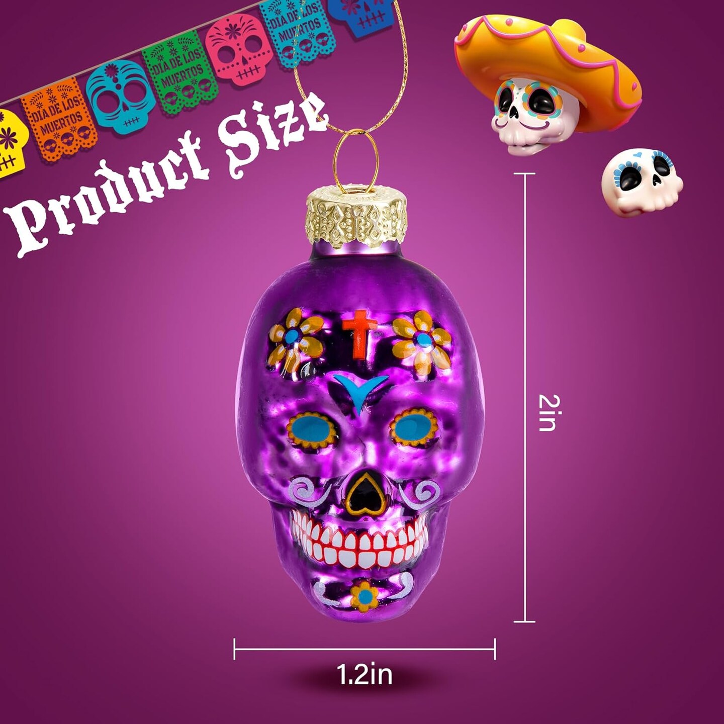 12 Pcs Day of The Dead Glass Ornaments (Skull)