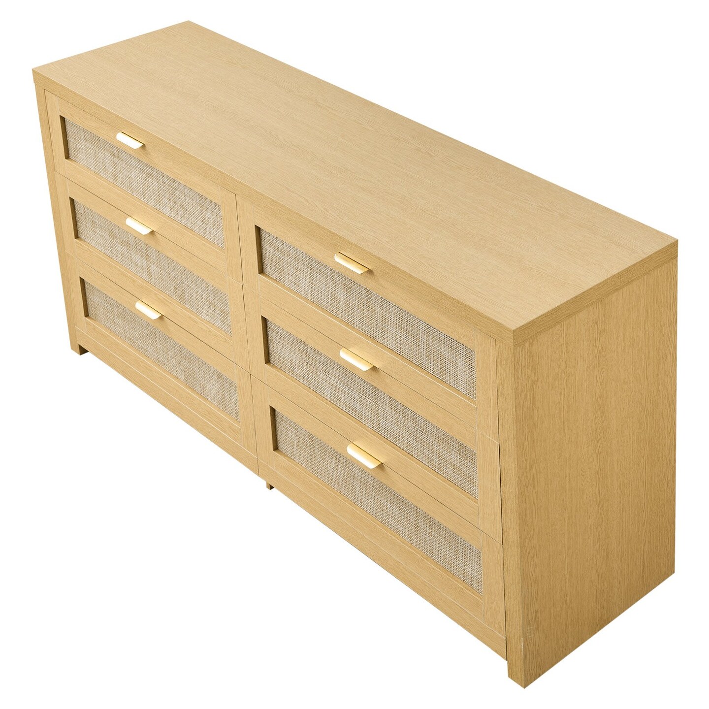 Walnut Rattan 6 Drawer Dresser with Metal Handles Storage Chest