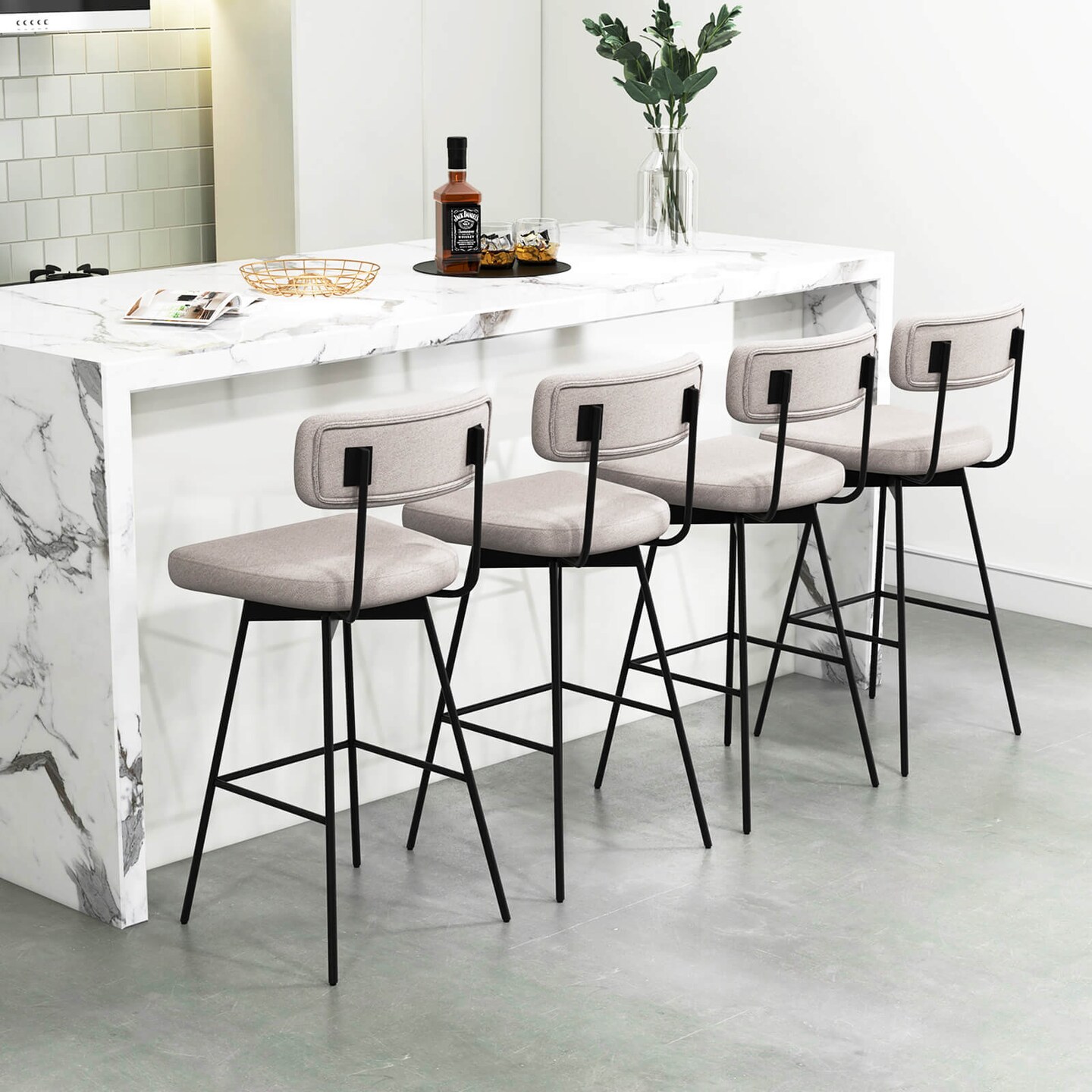 Costway 29&#x22; Upholstered Swivel Bar Stool Set of 4 with Padded Seat &#x26; Backrest Metal Frame Beige/Gray