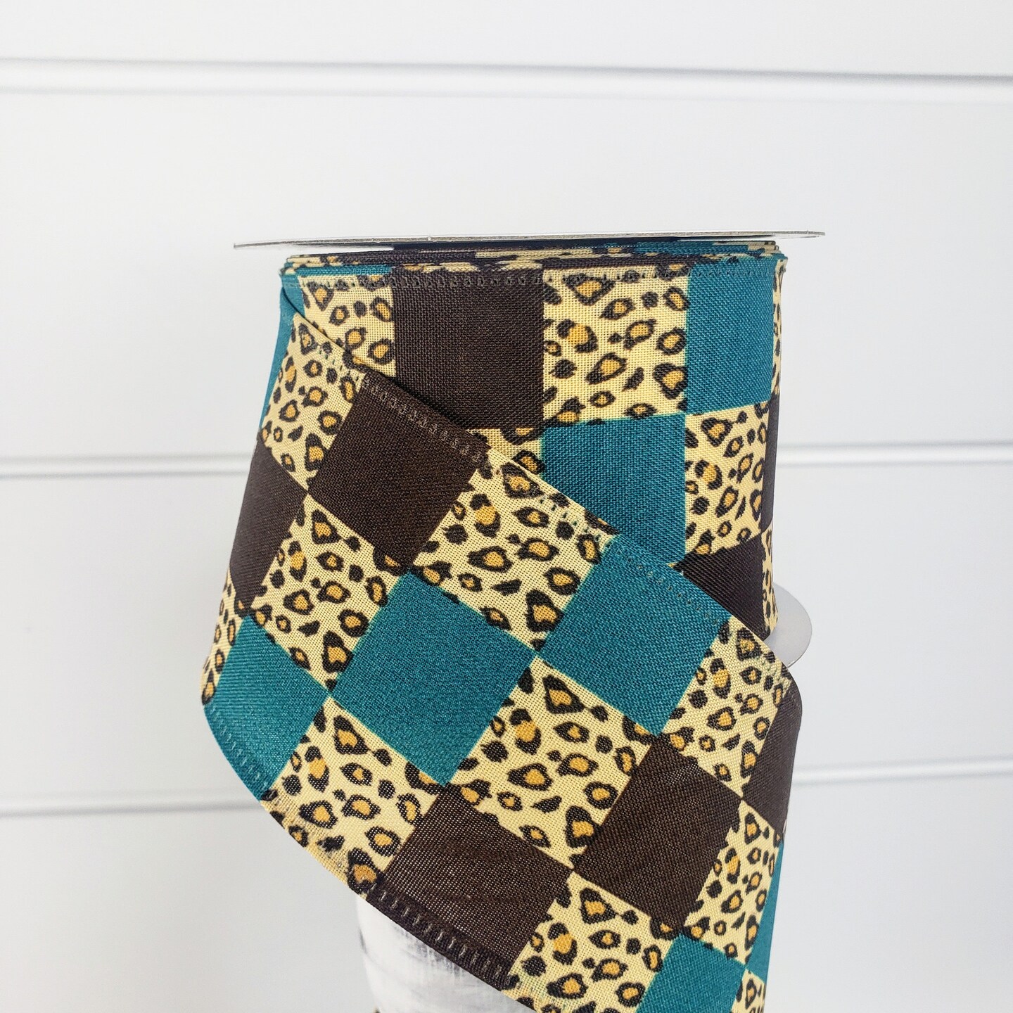 2.5&#x22;x10YD Teal Brown Cheetah Check Fall Wired Ribbon - Exotic Elegance for Autumn Crafts and Decor -(65110-40-33)