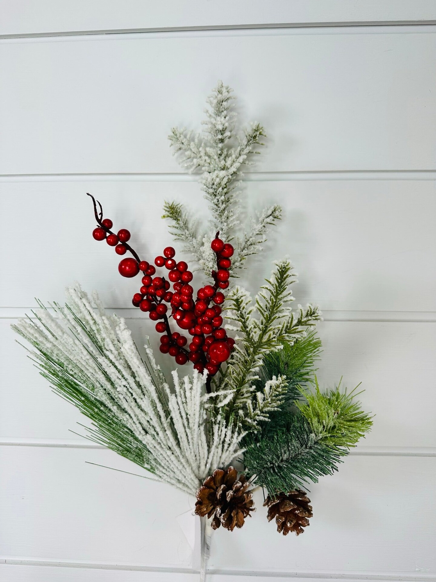 21" Snow Flocked Pine & Pinecone Pick with Red Berries - Festive Christmas Décor-XX1829