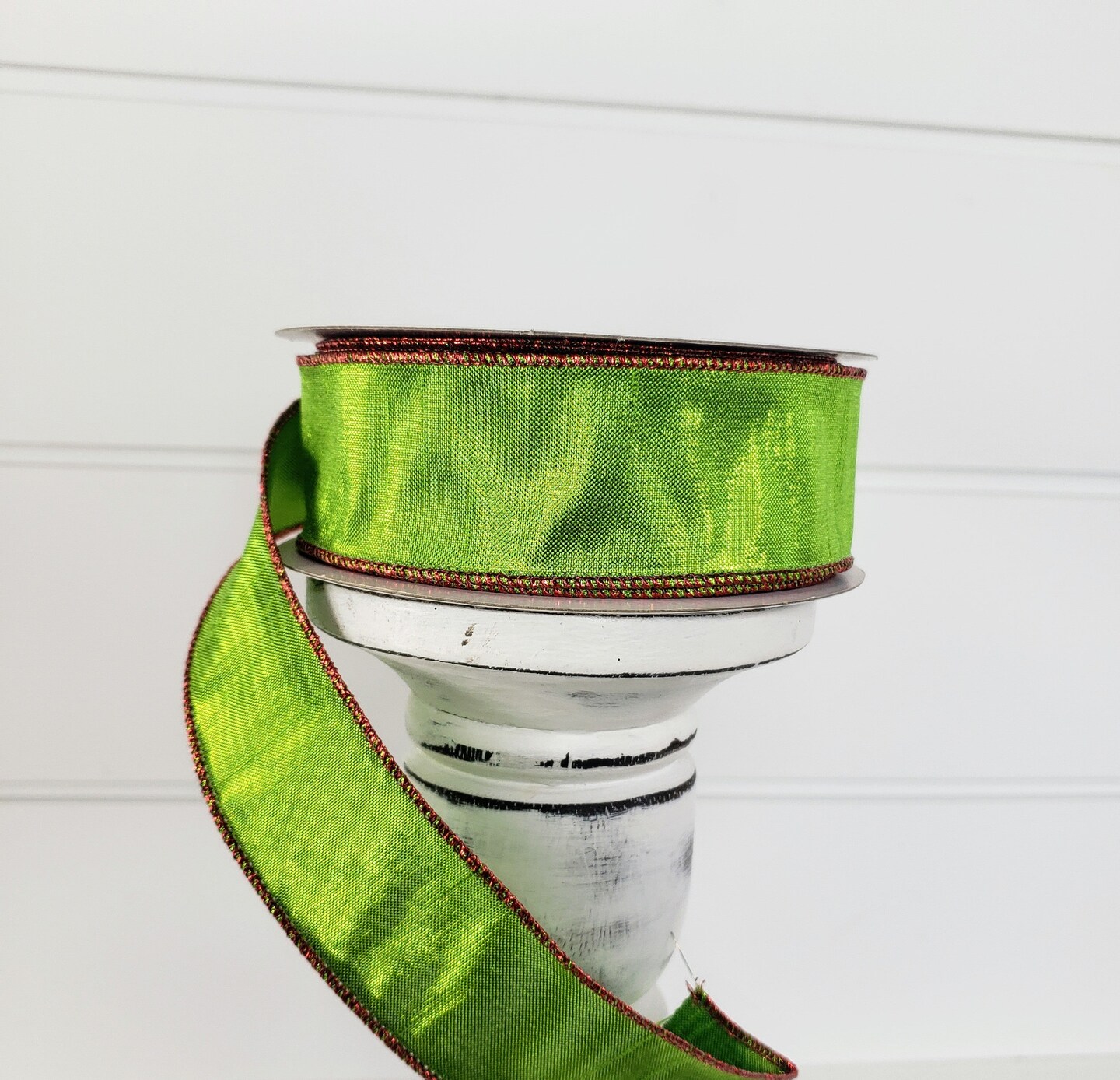 1.5&#x22;x10yd Metallic Faux Dupioni Wired Ribbon - Shimmering Elegance in Lime Green and Red-RGA1434WY