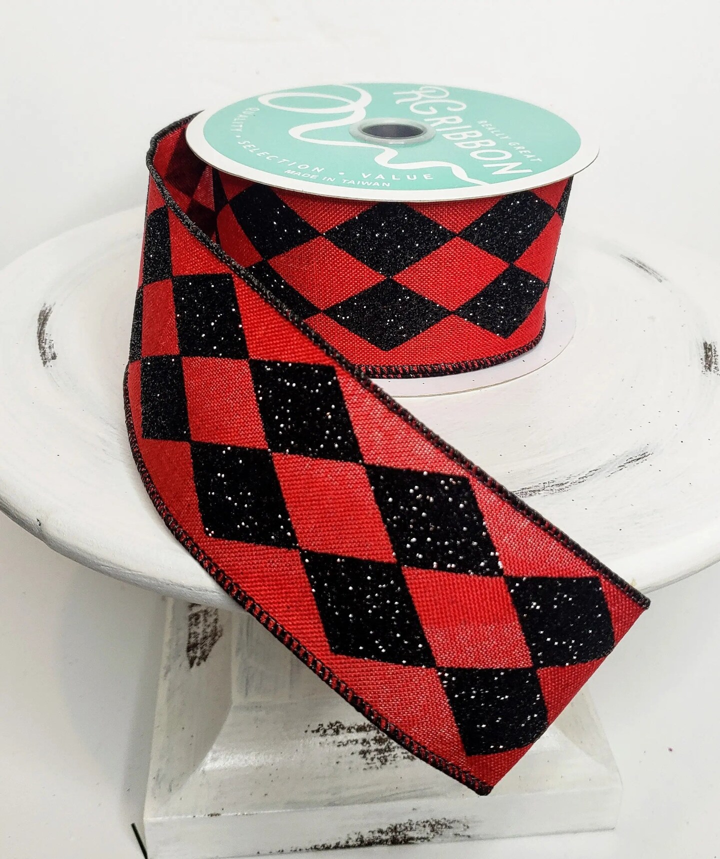 2 Inch Glitter Harlequin Check Wired Ribbon - Striking Elegance in Red and Black-RGA149924