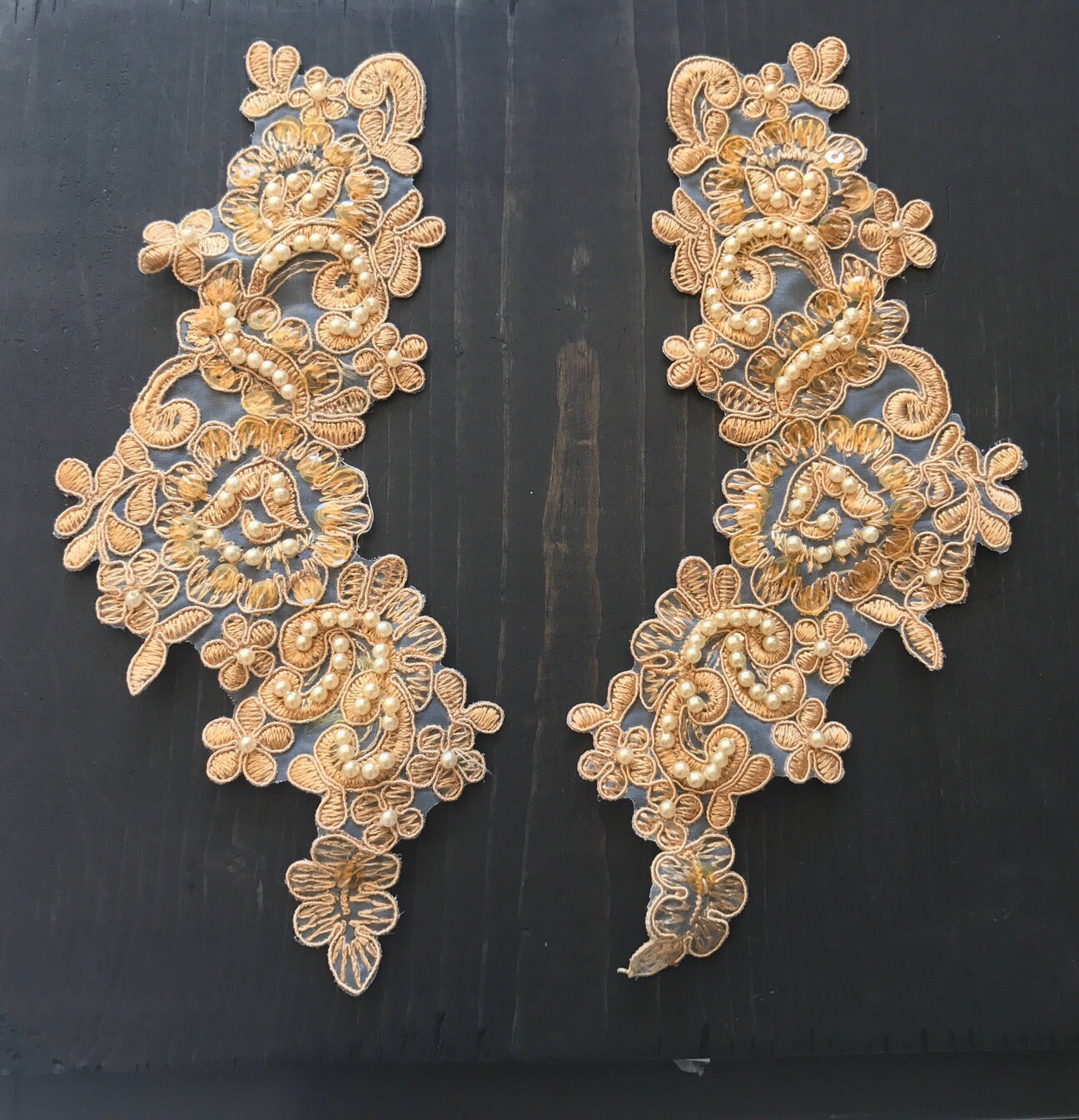 Gold Beaded Lace Applique Pair 9 Inch Embroidered Pearl Trim for Dresses and Crafts