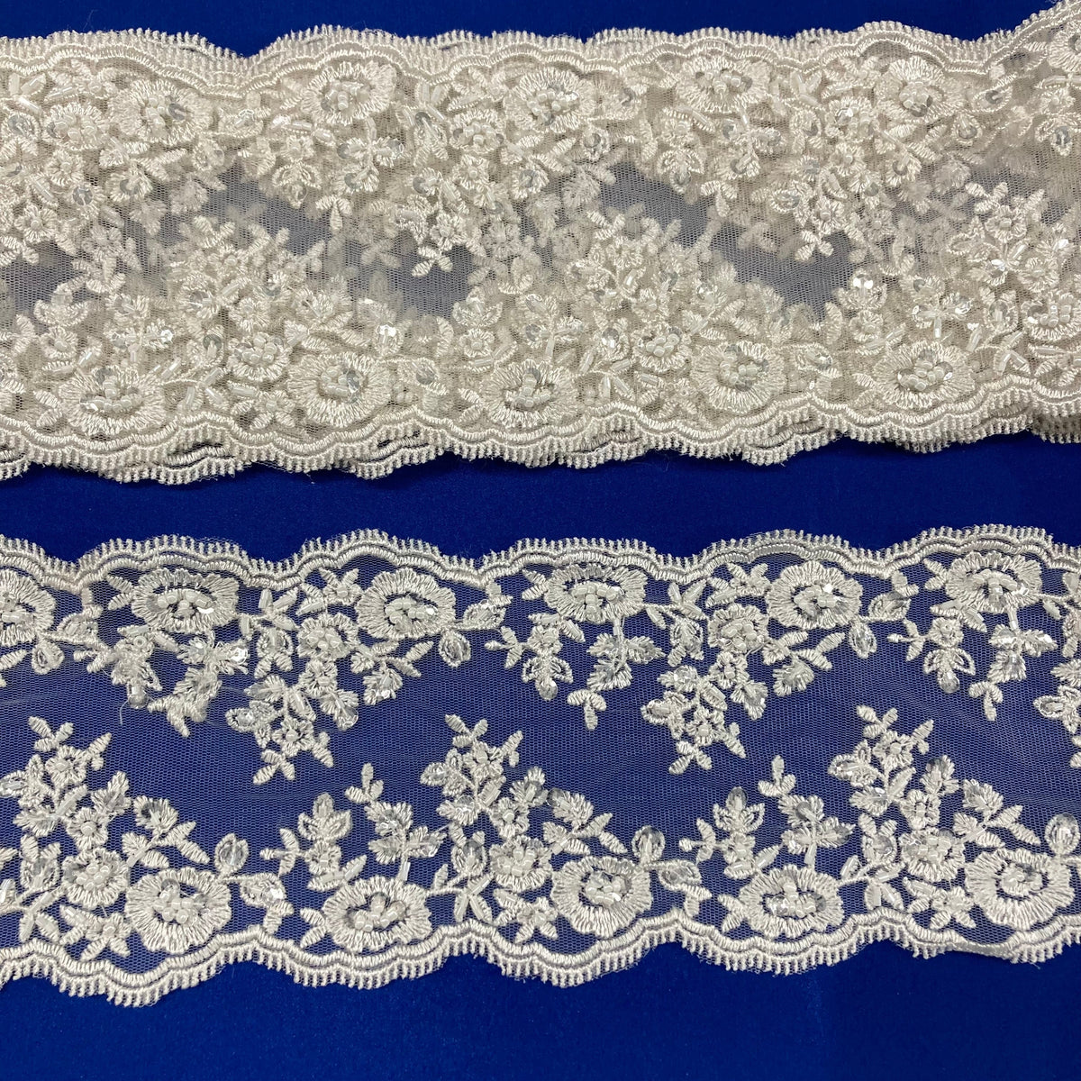 1 Yard Beaded Double-Sided Lace Trimming on 100% Polyester Net Mesh, Elegant Embroidered Design