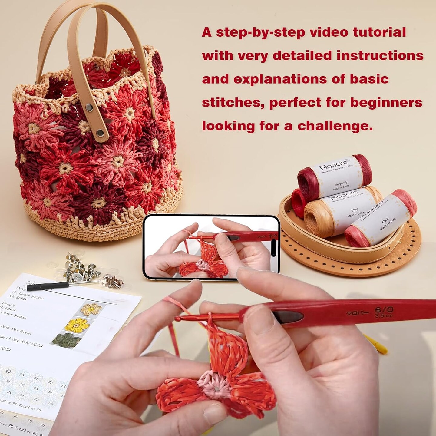 Crochet Kit - Floral Raffia Bucket Bag (Rosy Bloom) 7.95 x 7.95 x 7.5 inches