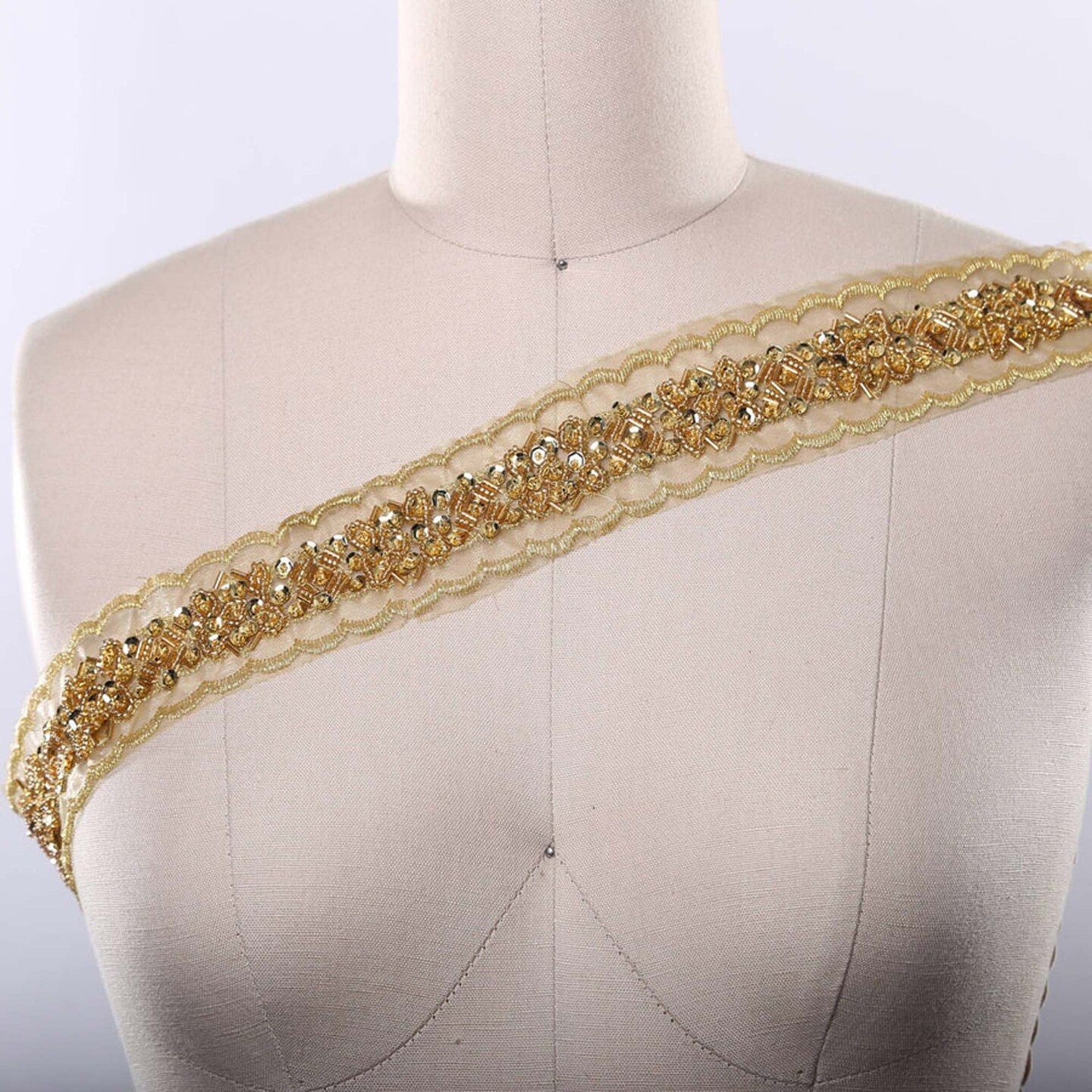 1 Yard 1.75" Wide Gold Beaded & Sequin Ribbon Trim with Embroidered Edging Organza Lace Accent