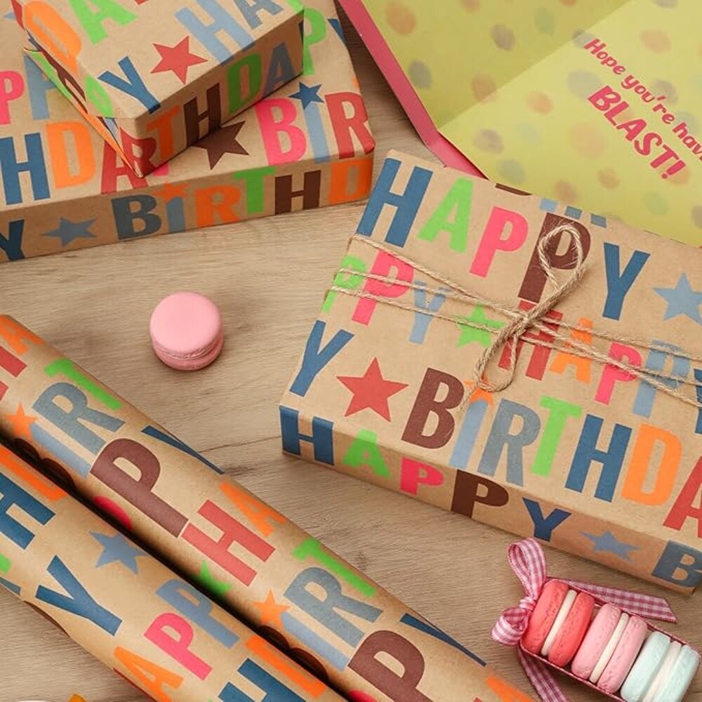 LaRibbons 17" X 33' Kraft Wrapping Paper | Happy Birthday Text