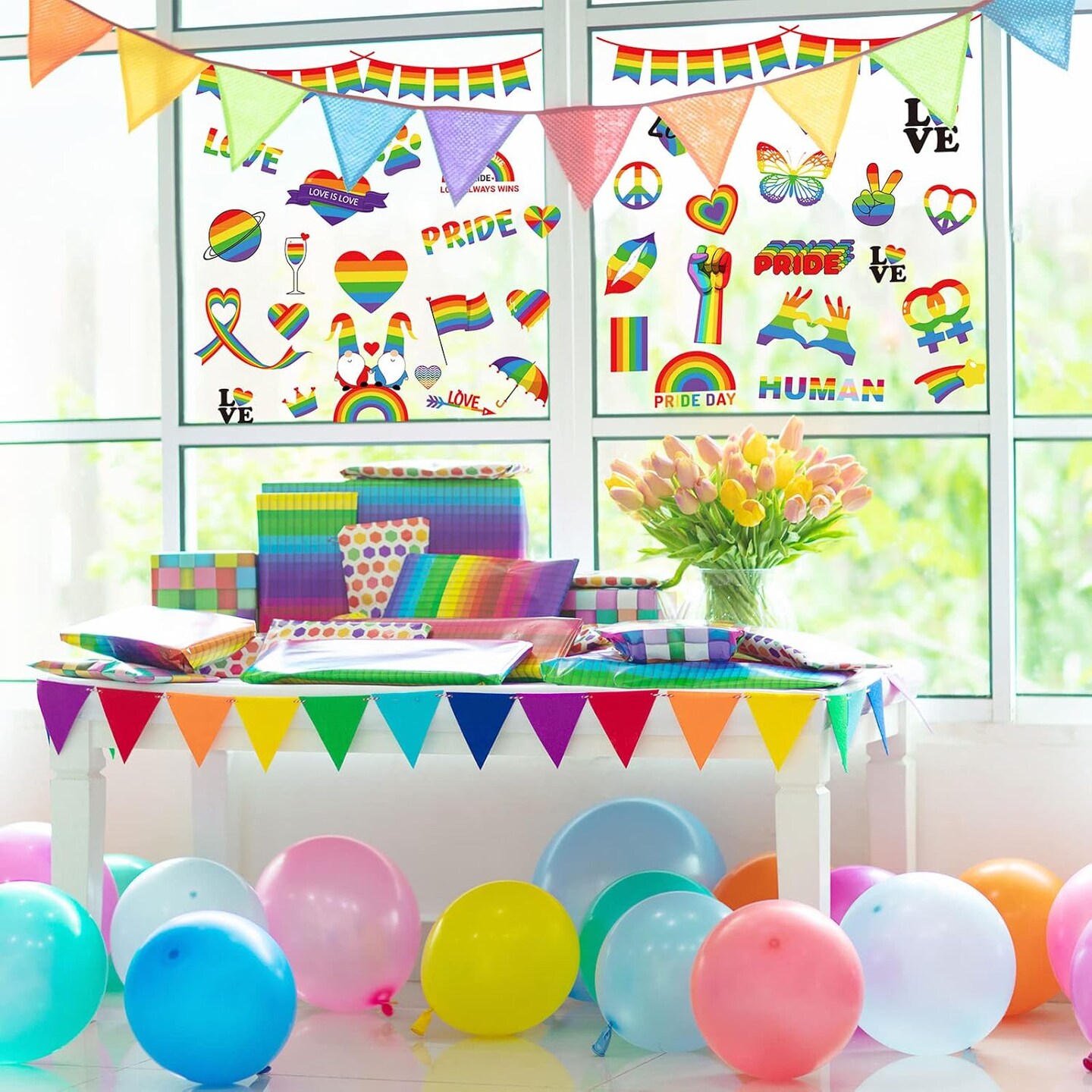 9 Sheet Gay Pride Window Clings Rainbow Heart Love Word Homosexuality Love is Love Window Decals for Home Bedroom Bathroom Kitchen Office LGBT Party Decorations