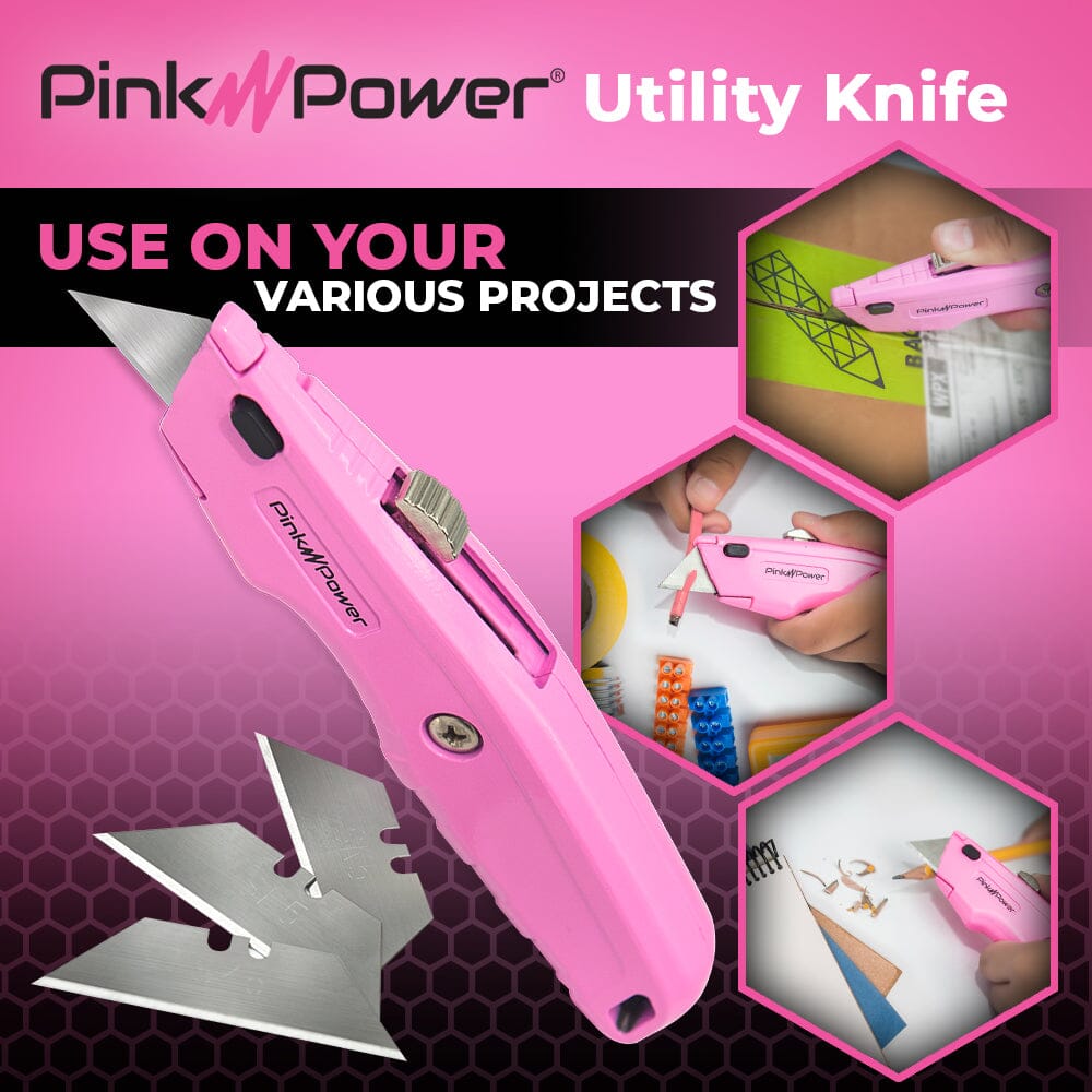 Pink Power Pink Box Cutter Retractable, Pink Utility Knife for Carpet, Box Cutter Knife Heavy Duty with 3 Blades and Storage Compartment - Box Opener Pocket Utility Pink Knife Tools for Women - 5 Pack