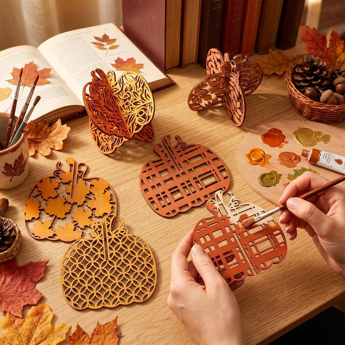48 Pcs DIY 3D Wooden Pumpkin Cutouts, Paintable Unfinished Fall
