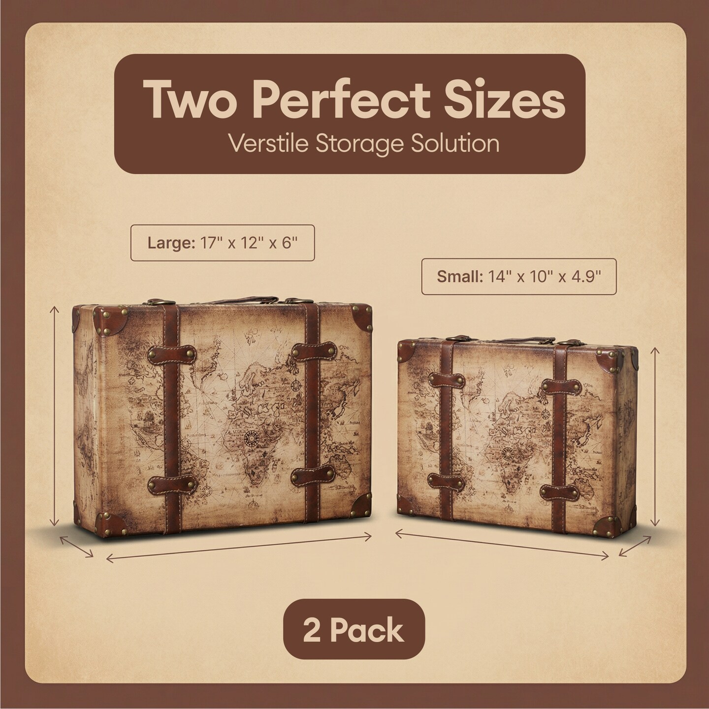 Old World Map Leather Vintage Style Suitcase with Straps, Set of 2